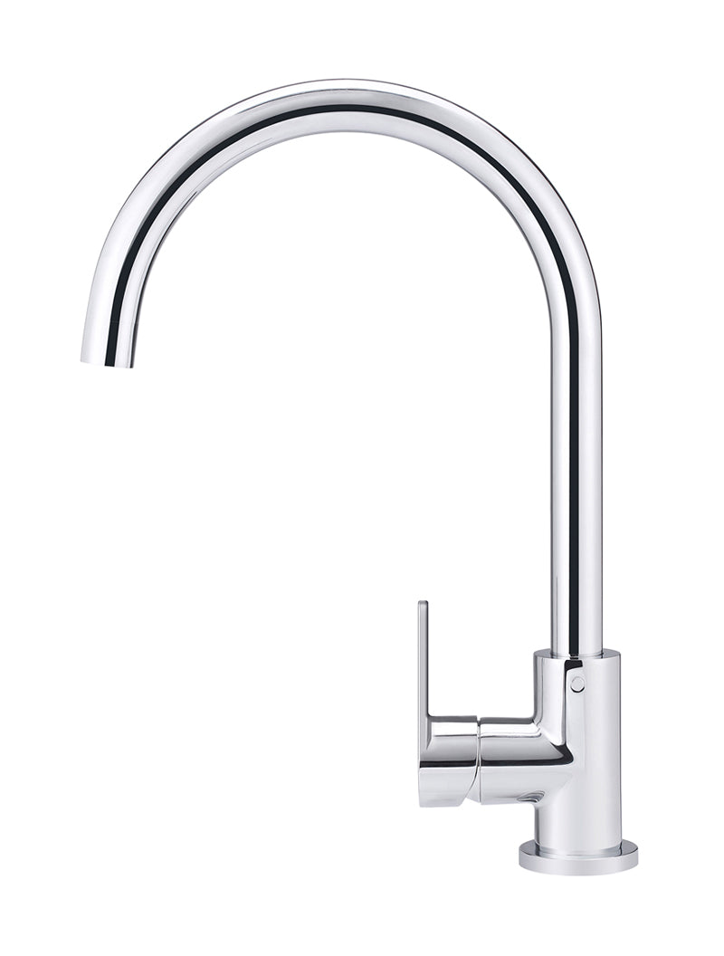 Round Gooseneck Kitchen Mixer Tap with Paddle Handle - Polished Chrome