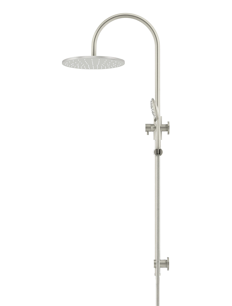 Round Gooseneck Shower Set with 300mm rose, Three-Function Hand Shower - PVD Brushed Nickel