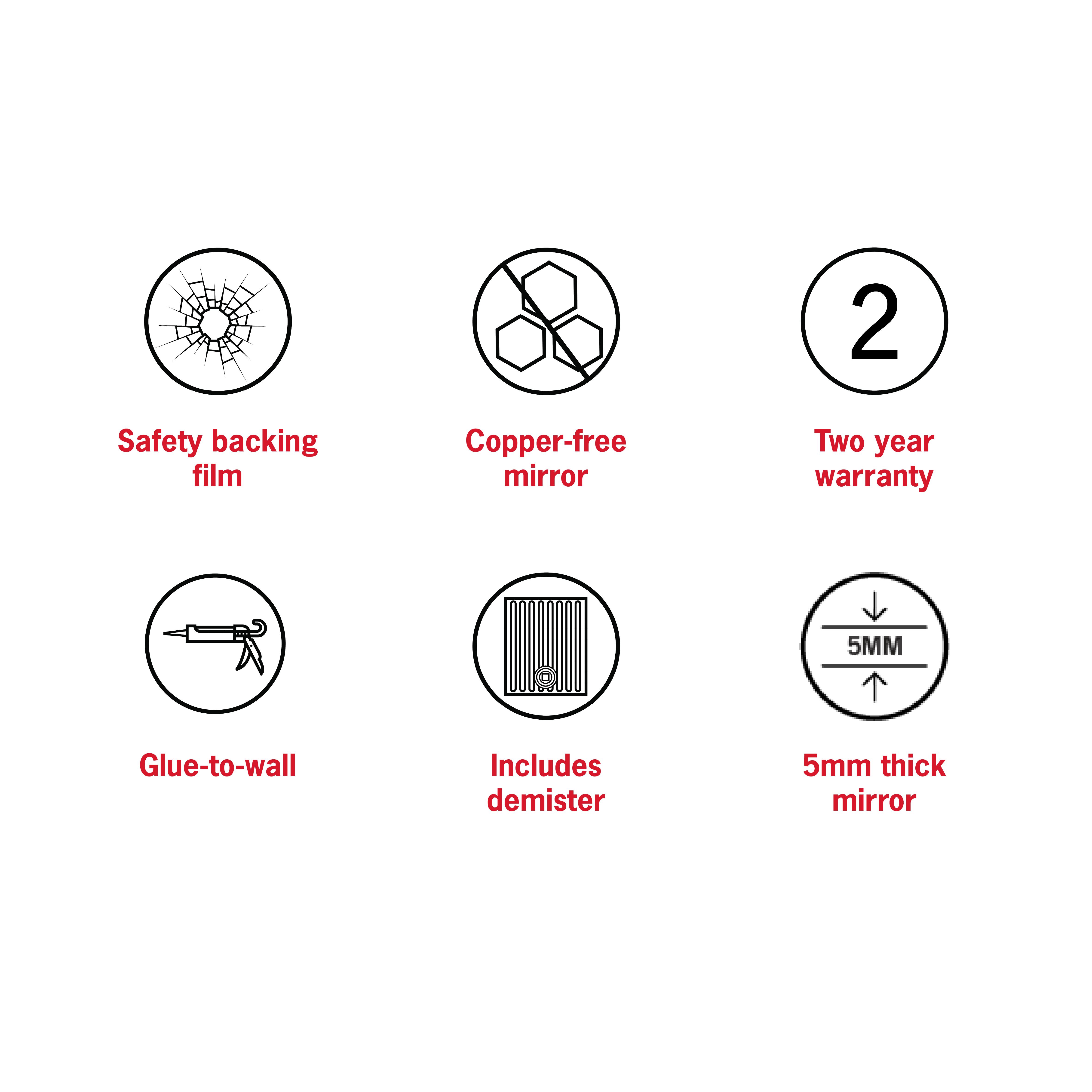 Rio Polished Edge Round Mirror - 600mmØ Glue-to-Wall and Demister