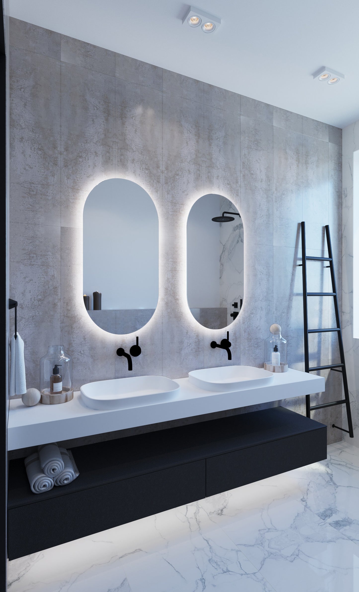 Backlit Pill Shape Mirror with Cool Light 500x1000x45mm 61Watts - Includes Mirror Demister