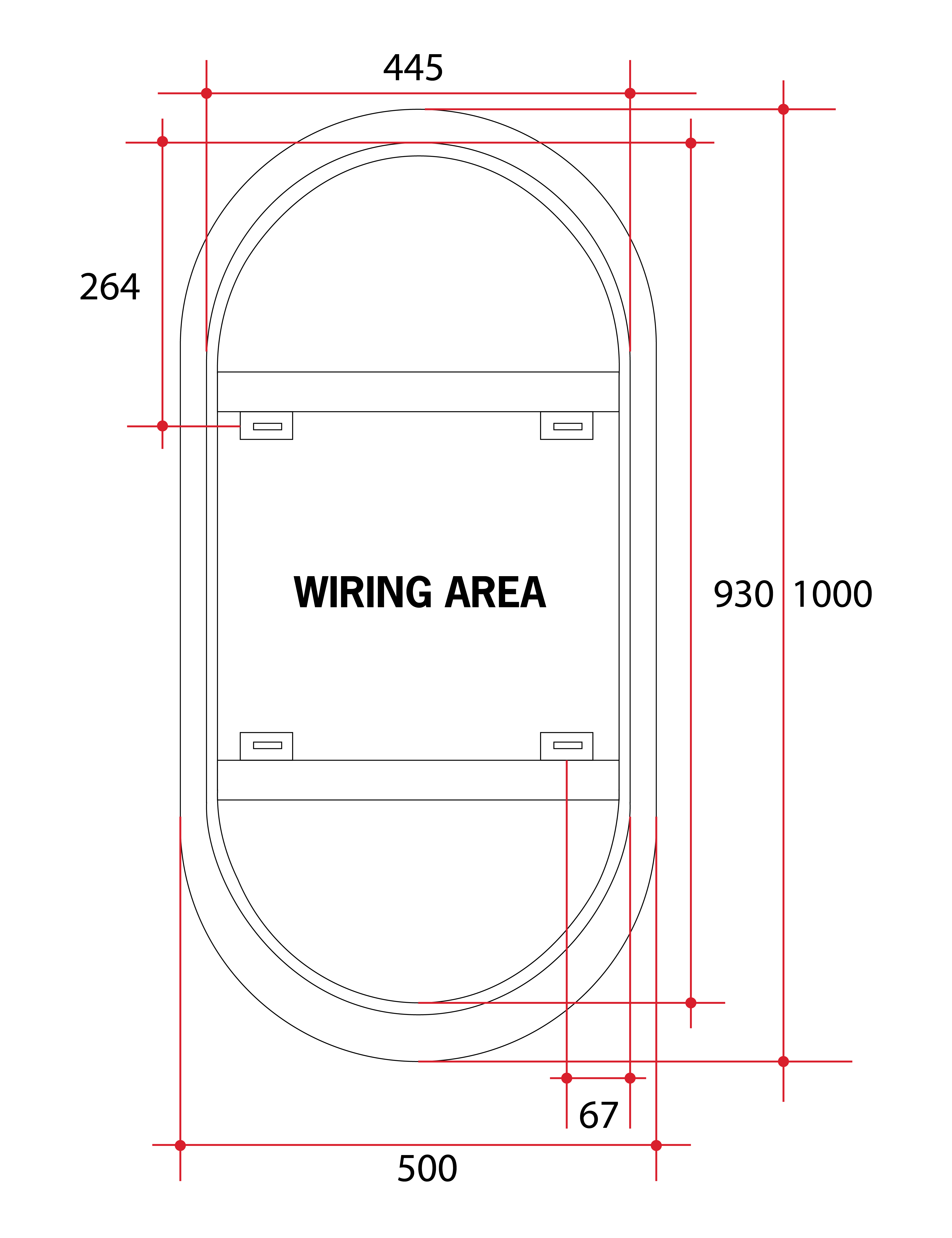 Backlit Pill Shape Mirror with Cool Light 500x1000x45mm 61Watts - Includes Mirror Demister
