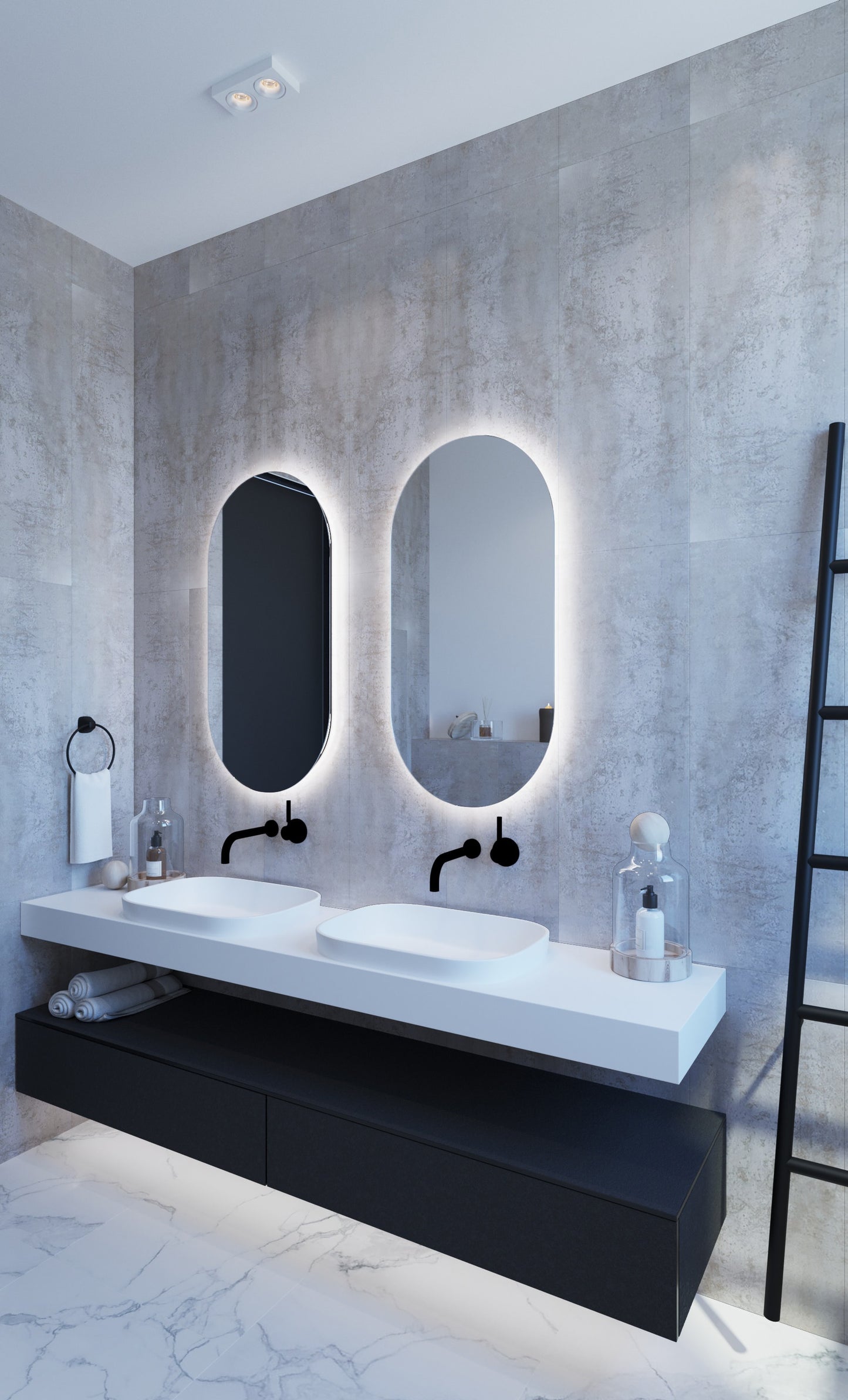 Backlit Pill Shape Mirror with Cool Light 500x1000x45mm 61Watts - Includes Mirror Demister