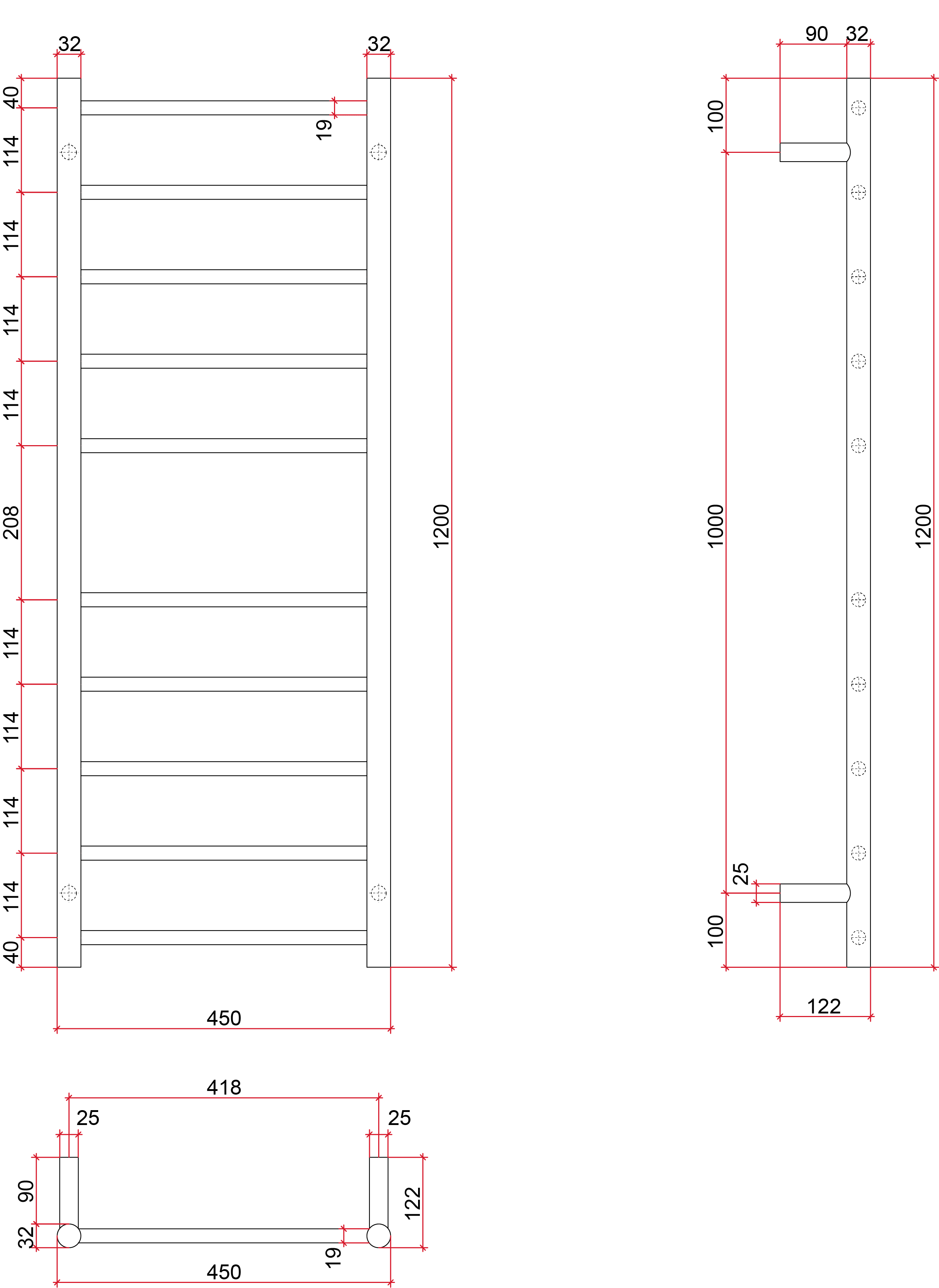 Thermorail Straight/Round 450x1200x122mm 110Watts 10 Bars - Matt Black