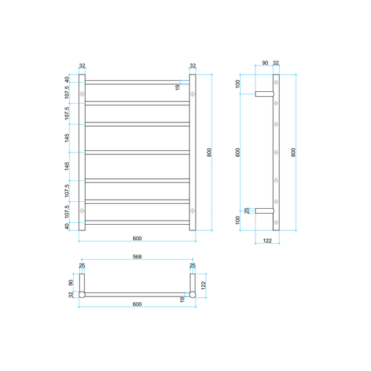 Thermorail Straight/Round 600x800x122mm 80Watts 7 Bars - Brushed Gold