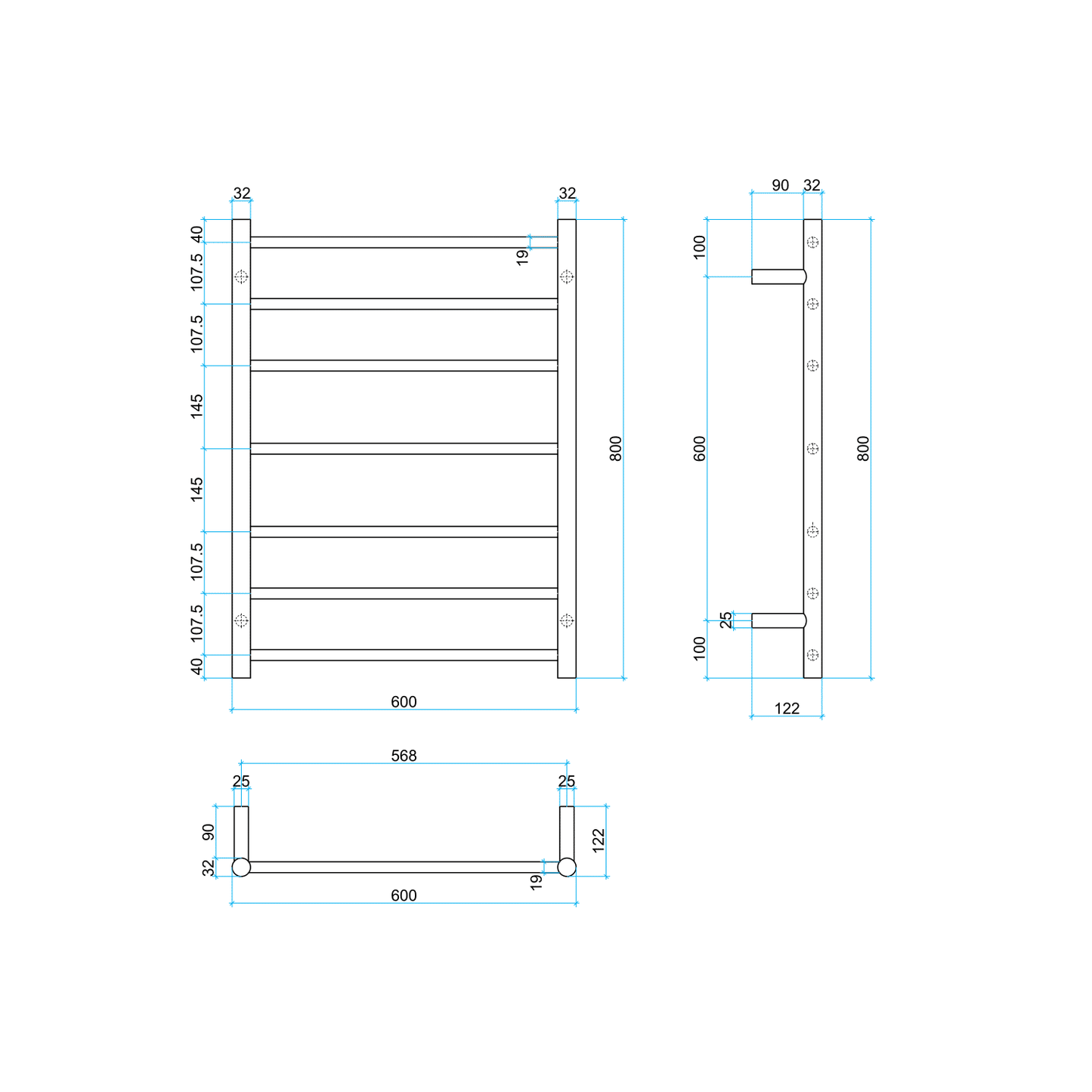 Thermorail Straight/Round 600x800x122mm 80Watts 7 Bars - Brushed Nickel