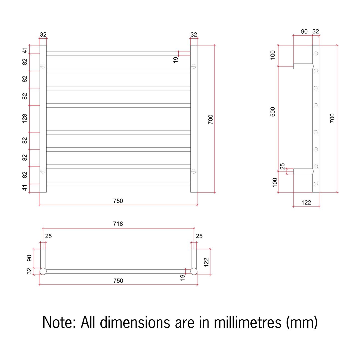 Thermorail Straight/Round 750x700x122mm 104Watts 8 Bars - Brushed