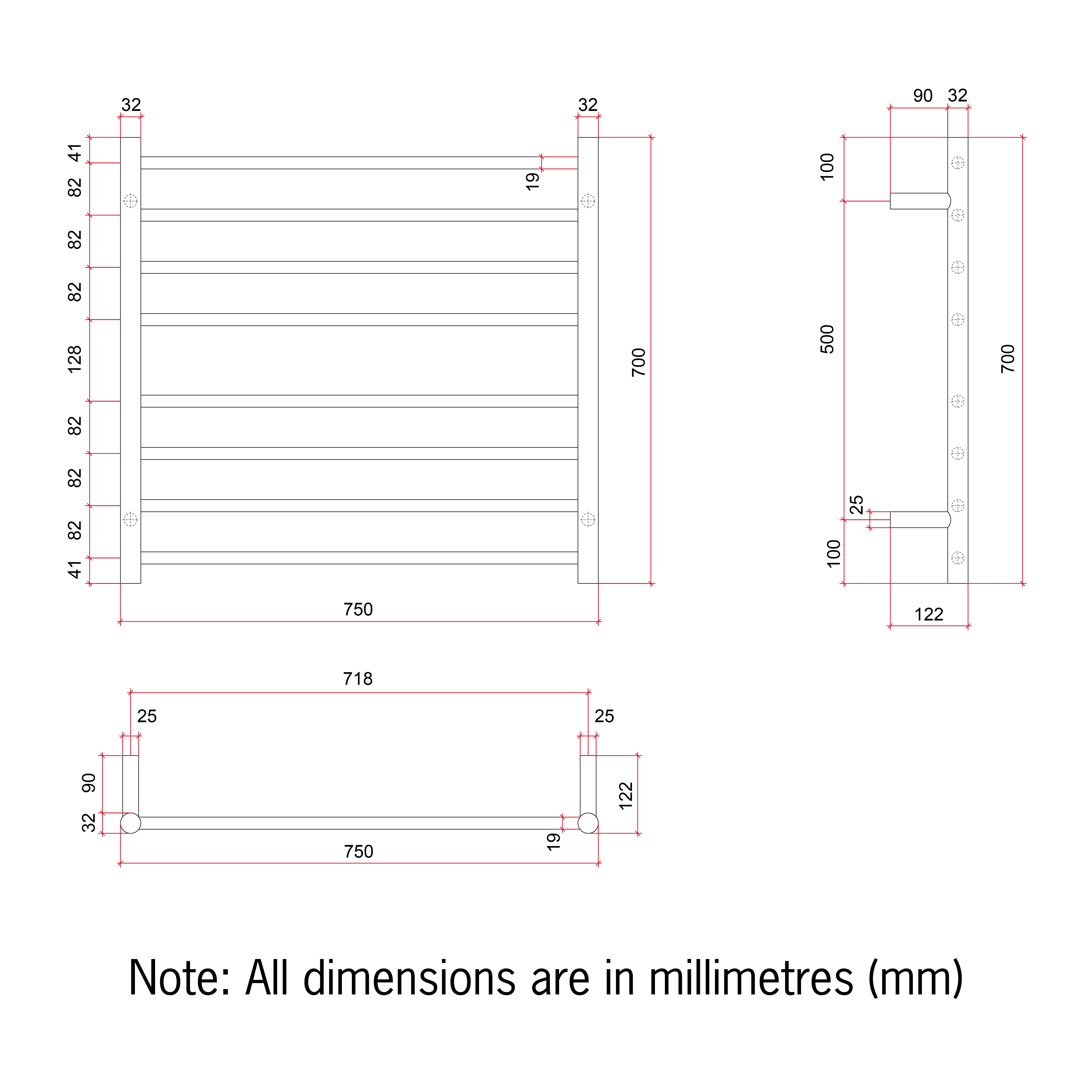Thermorail Straight/Round 750x700x122mm 104Watts 8 Bars - Brushed