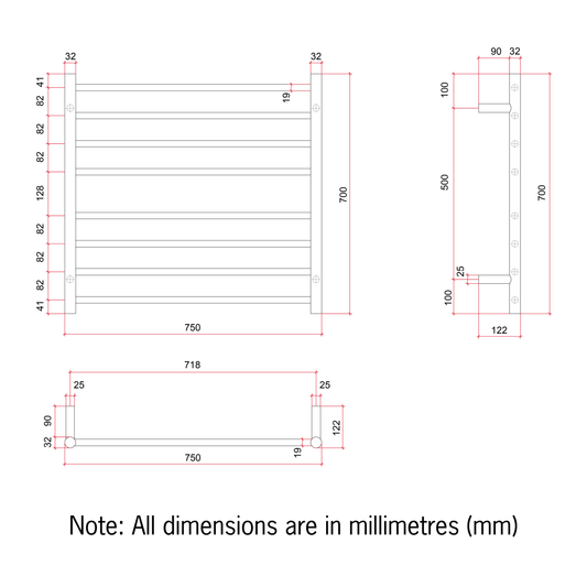 Thermorail Straight/Round 750x700x122mm 104Watts 8 Bars - Brushed
