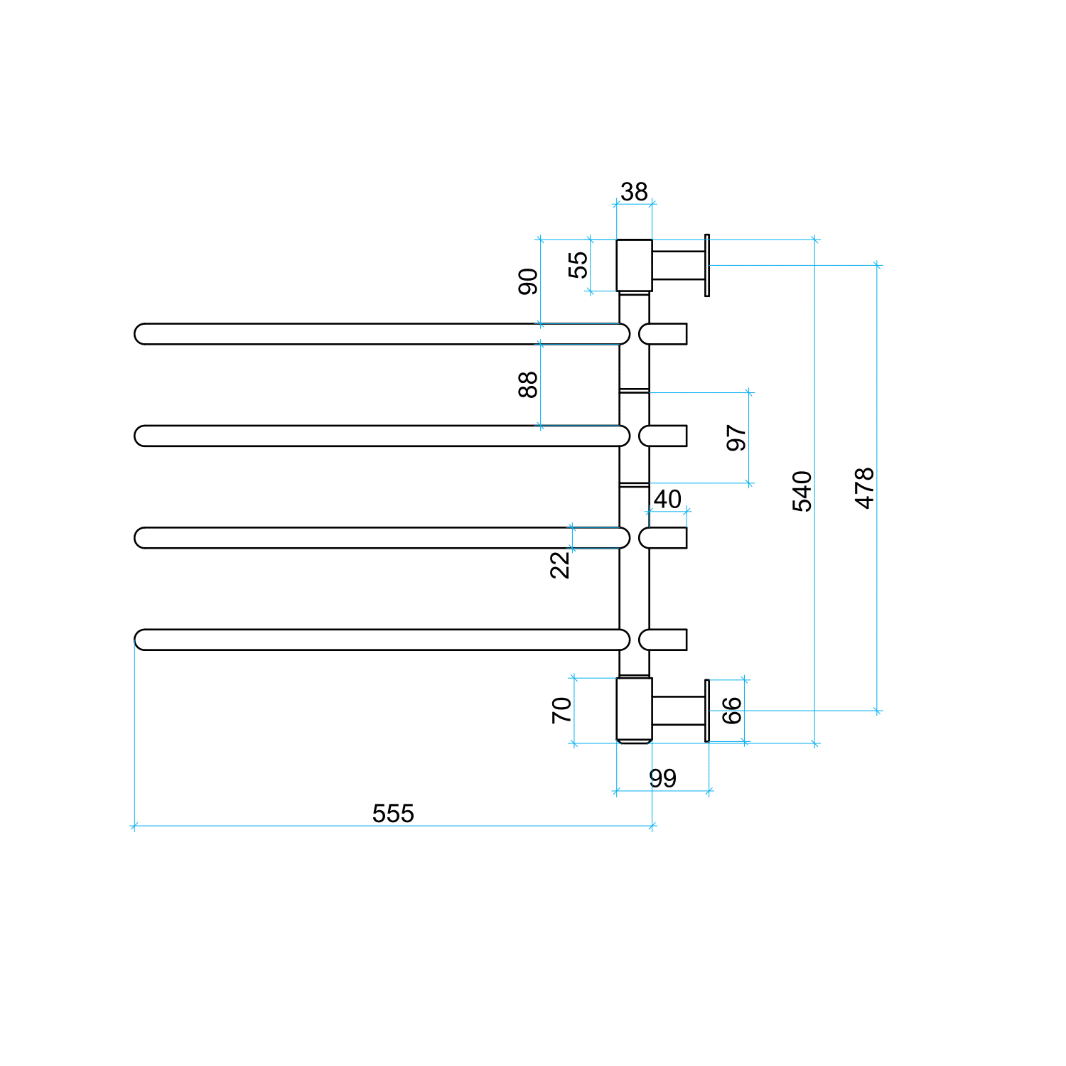 Thermorail Non-Heated Swivel, Straight/Round 600x540x99mm 4Bars