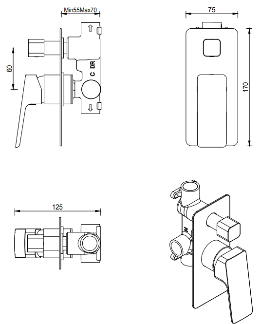 Tiago Shower Mixer Diverter - TRIM KIT ONLY