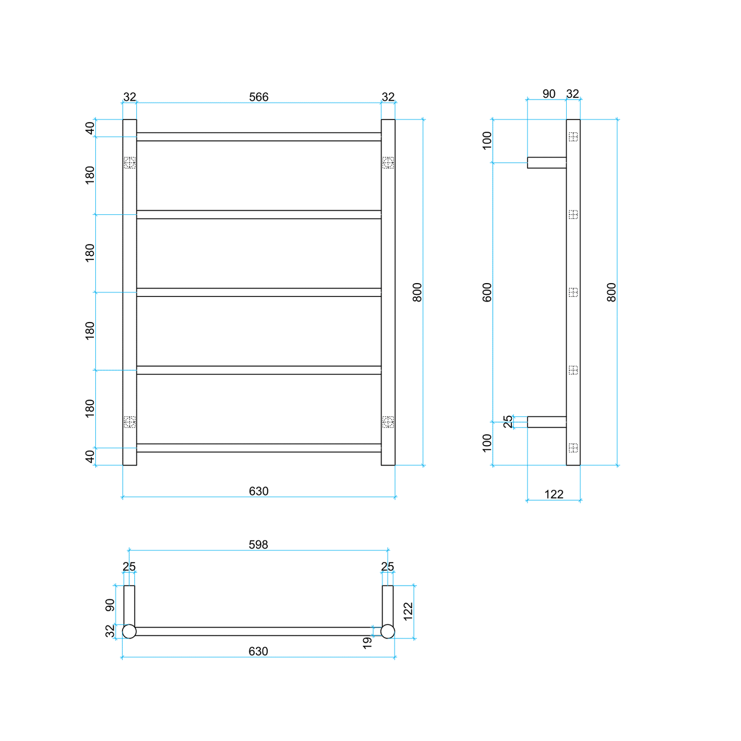 Thermorail Non-Heated Straight/Round Ladder 630x800x122mm 5 Bars - Matt Black