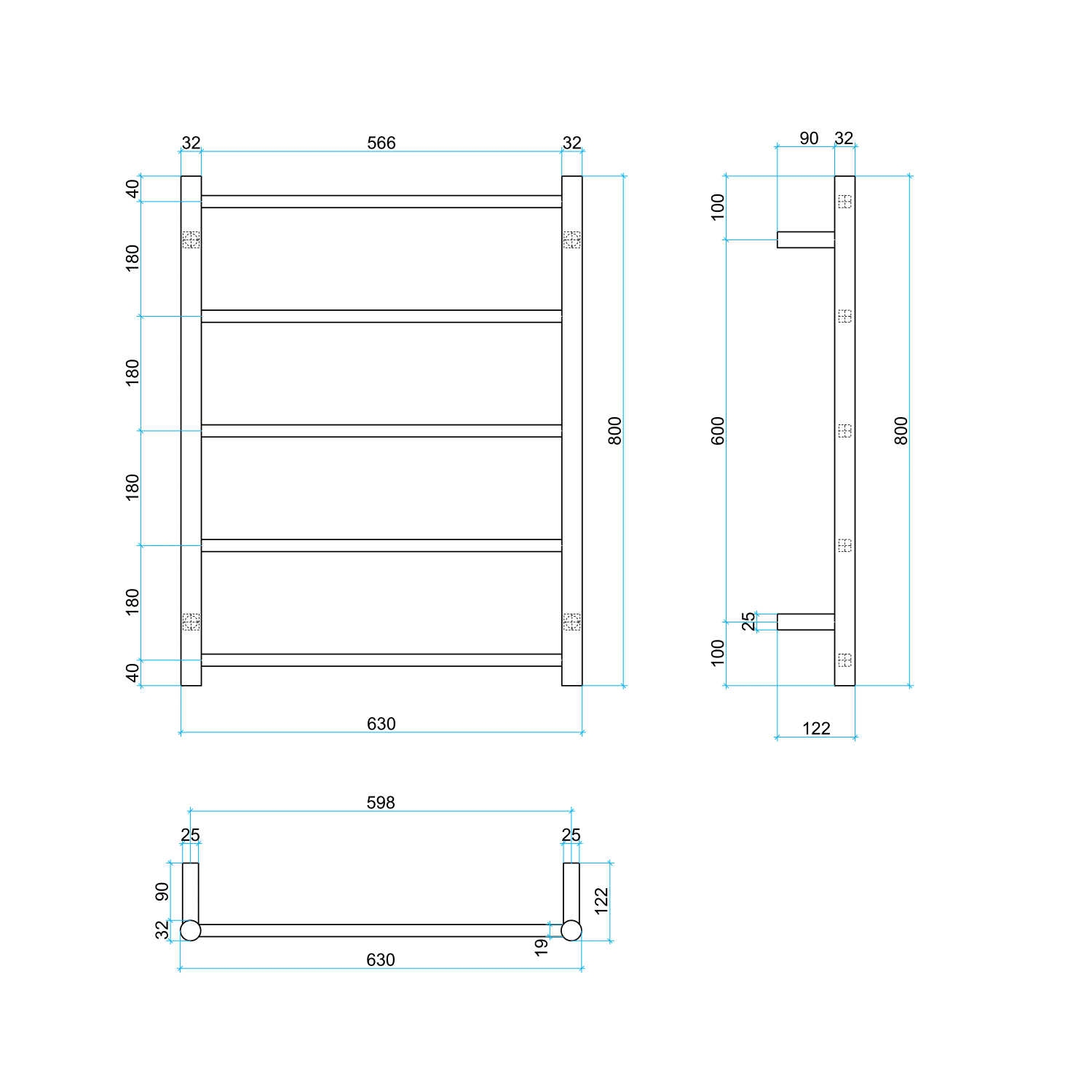 Thermorail Non-Heated Straight/Round Ladder 630x800x122mm 5 Bars