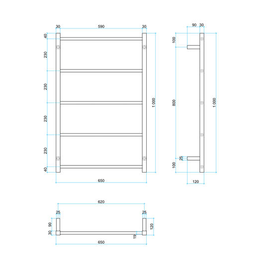 Thermorail Non-Heated Straight/Square Ladder 650x1000x120mm 5 Bars - Matt Black