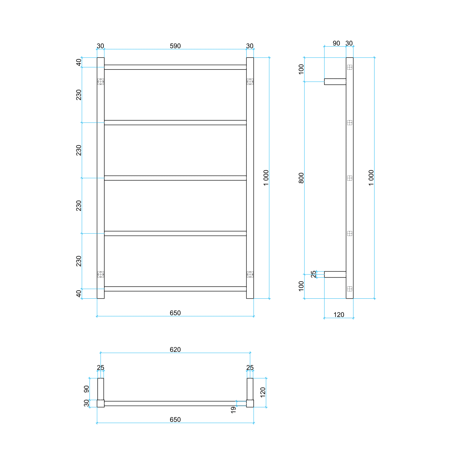 Thermorail Non-Heated Straight/Square Ladder 650x1000x120mm 5 Bars
