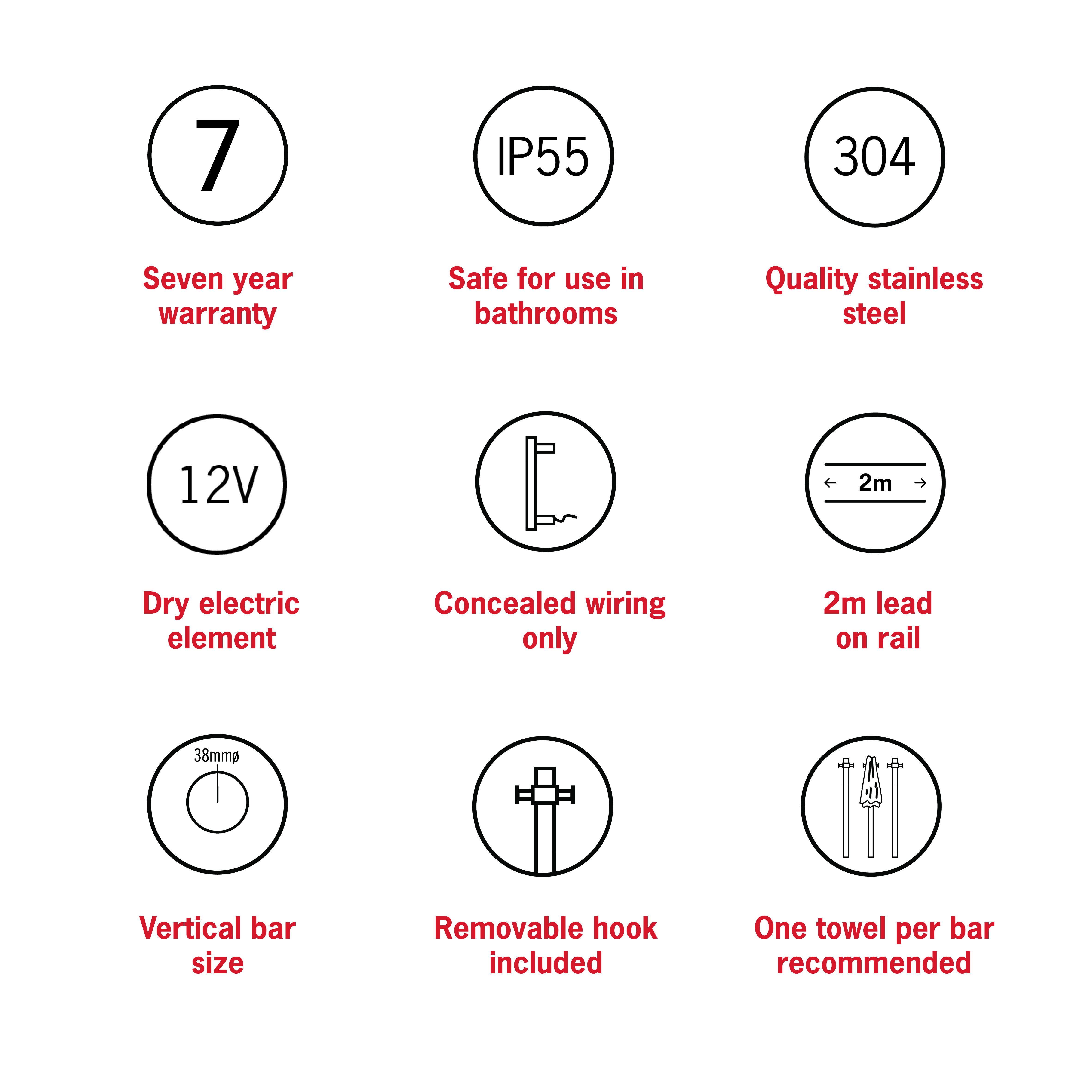 Thermorail Straight/Round 12Volt Vertical Bar 900x142x100mm 30Watts With Optional Hook - Satin White