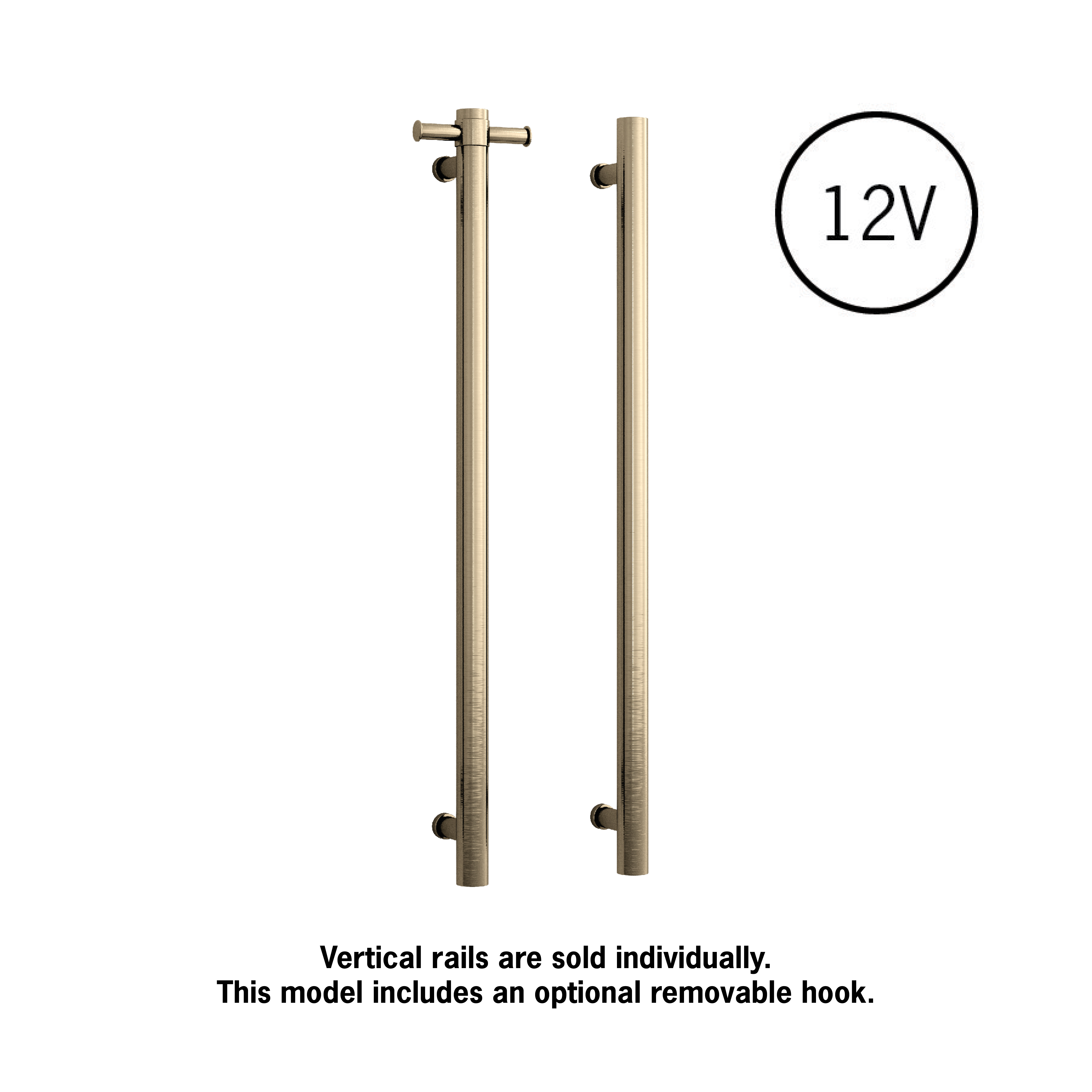 Thermorail Straight/Round 12Volt Vertical Bar 900x142x100mm 22Watts With Optional Hook - Brushed Brass