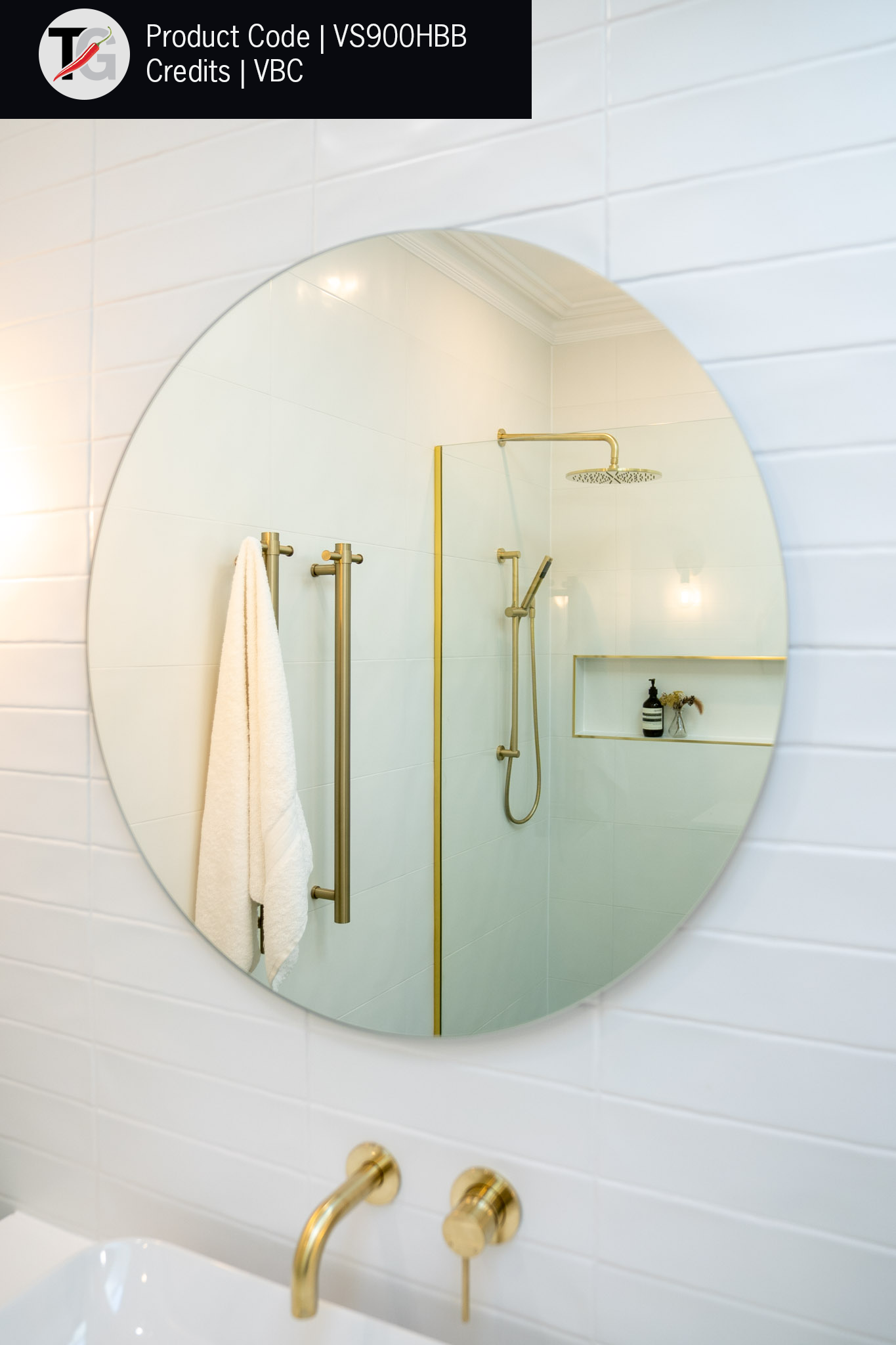 Thermorail Straight/Round 12Volt Vertical Bar 900x142x100mm 22Watts With Optional Hook - Brushed Brass