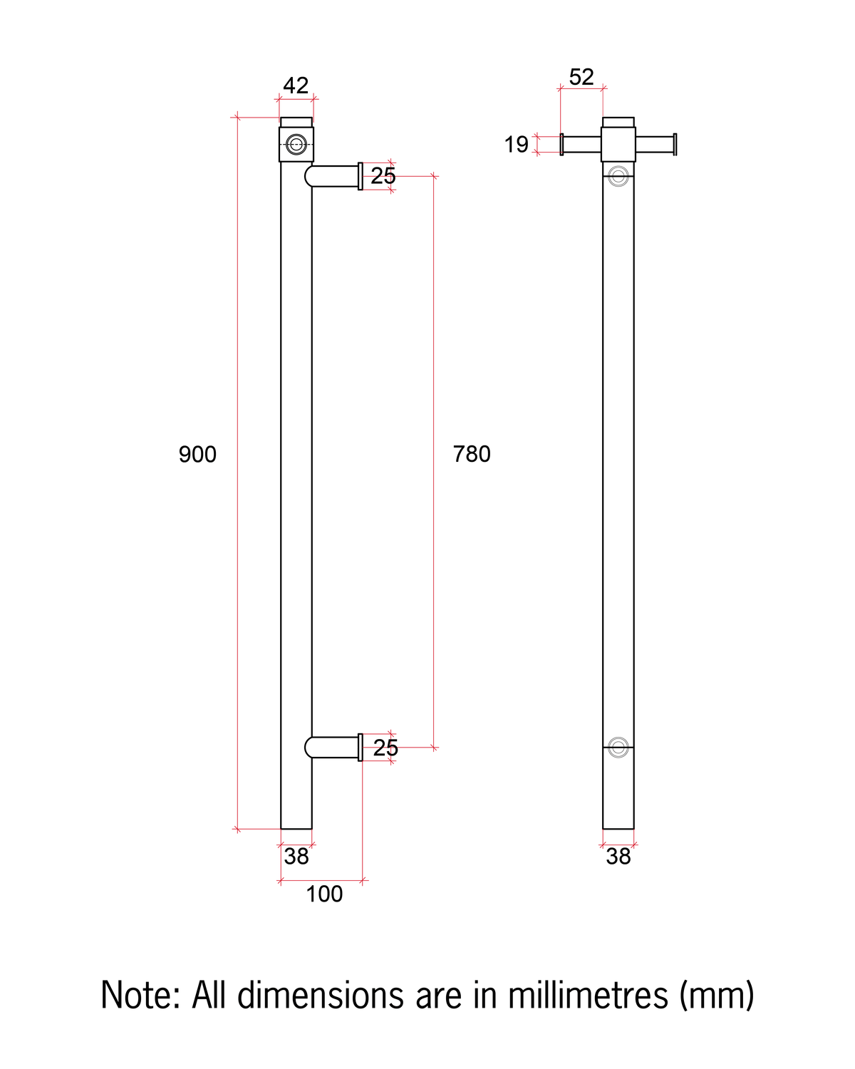 Thermorail Straight/Round 12Volt Vertical Bar 900x142x100mm 22Watts With Optional Hook - Brushed Gun Metal