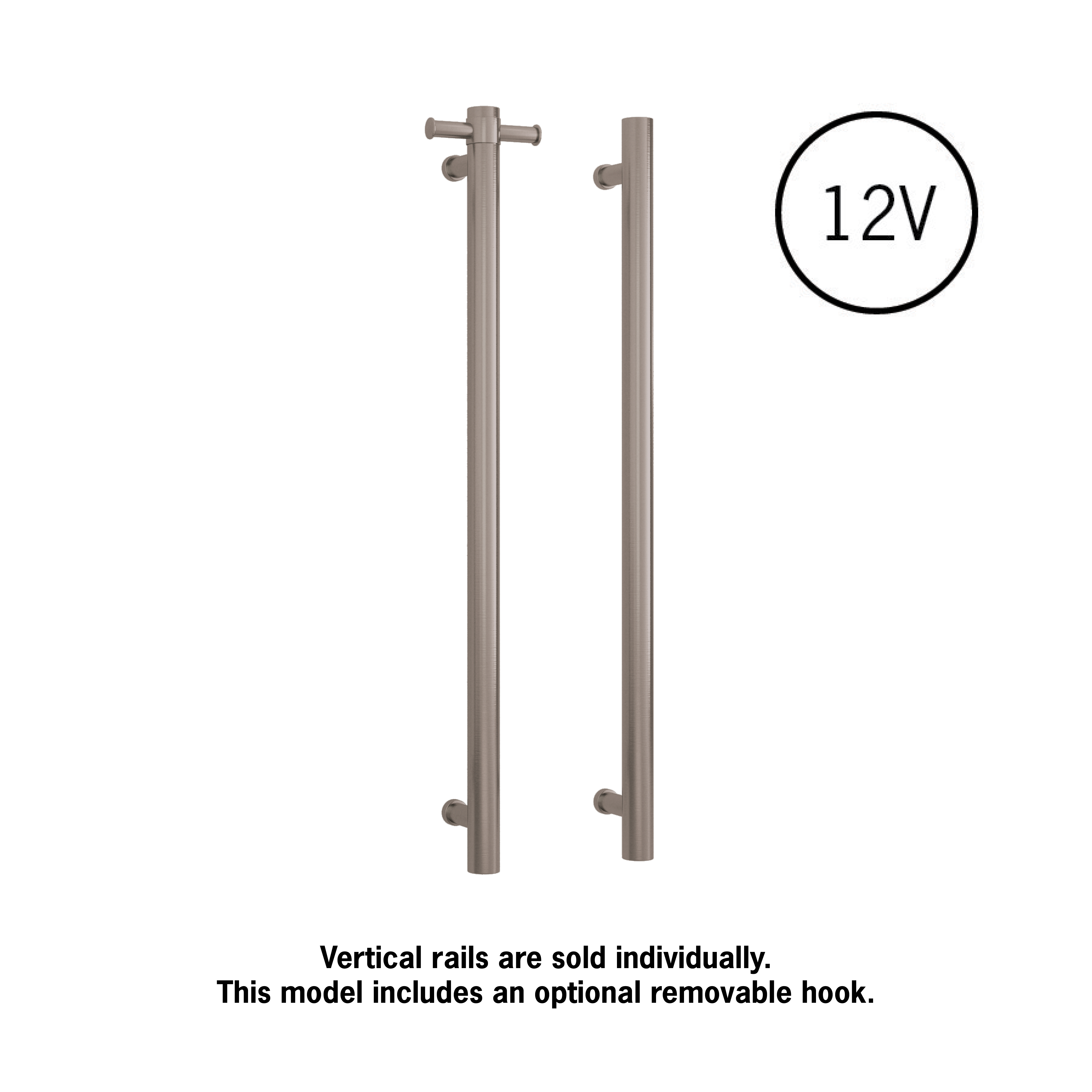 Thermorail Straight/Round 12Volt Vertical Bar 900x142x100mm 22Watts With Optional Hook - Brushed