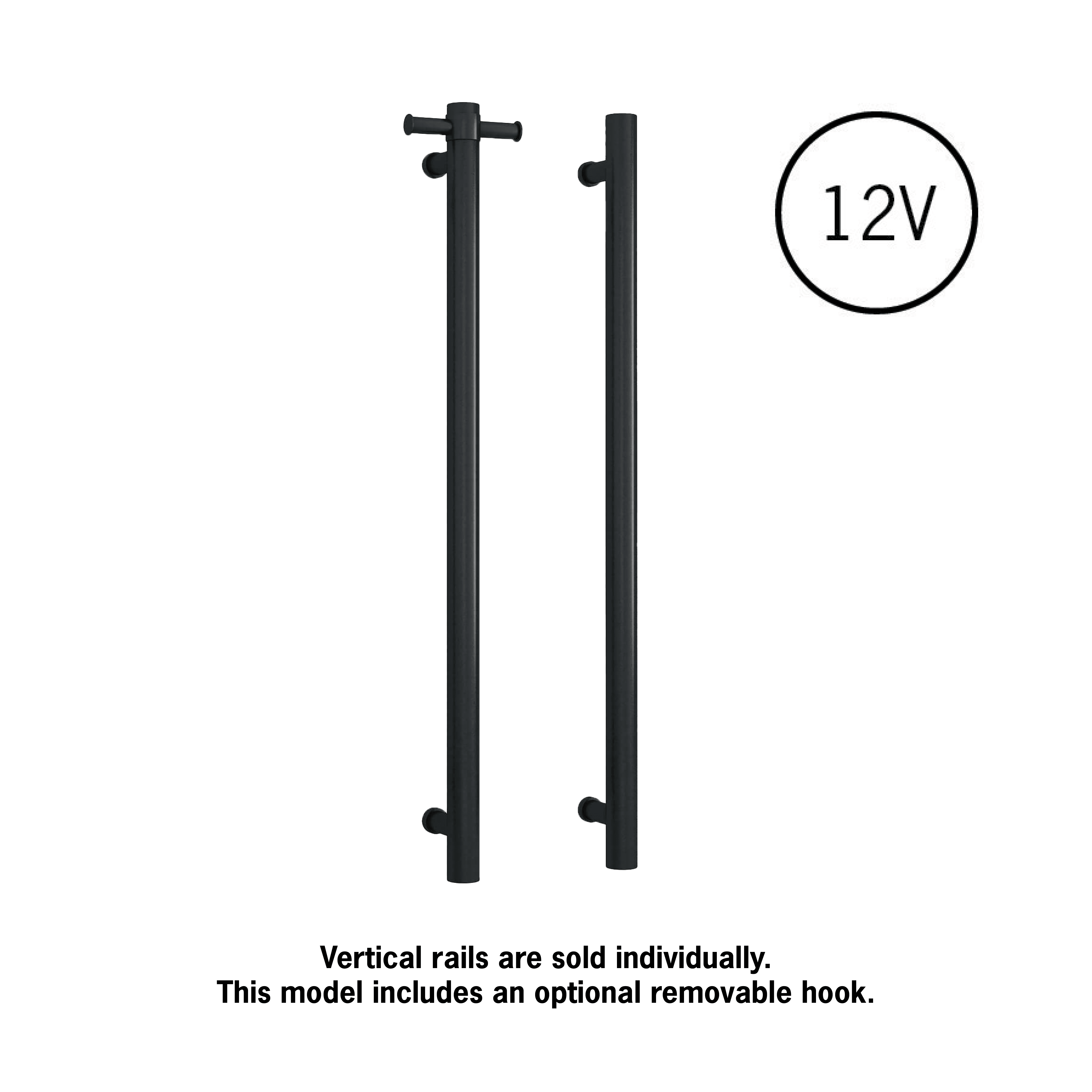 Thermorail Straight/Round 12Volt Vertical Bar 900x142x100mm 28Watts With Optional Hook - Matt Black