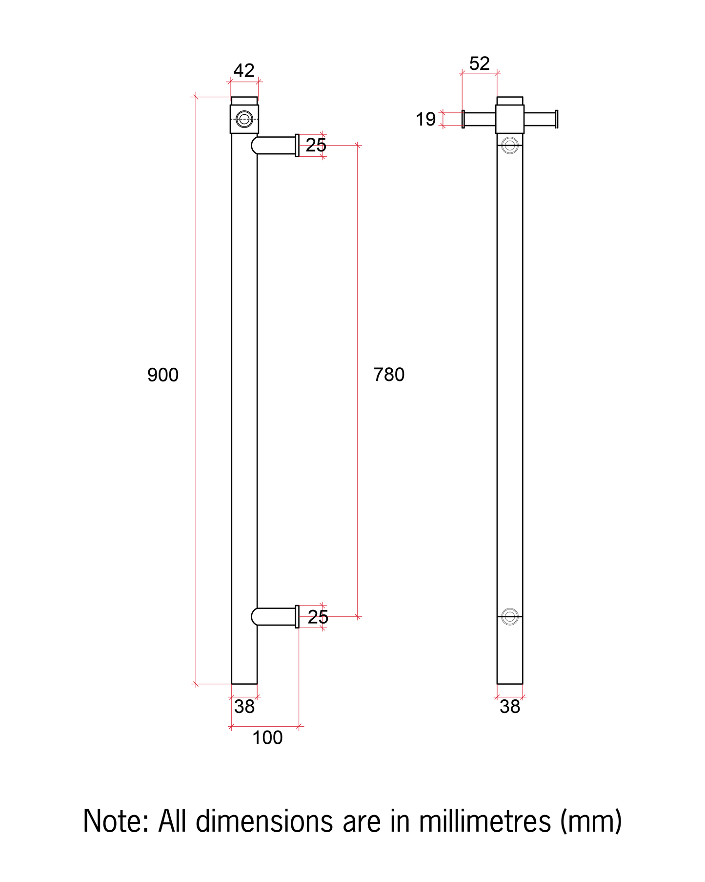 Thermorail Straight/Round 240Volt Vertical Bar 900x142x100mm 22Watt With Optional Hook - Matt Black