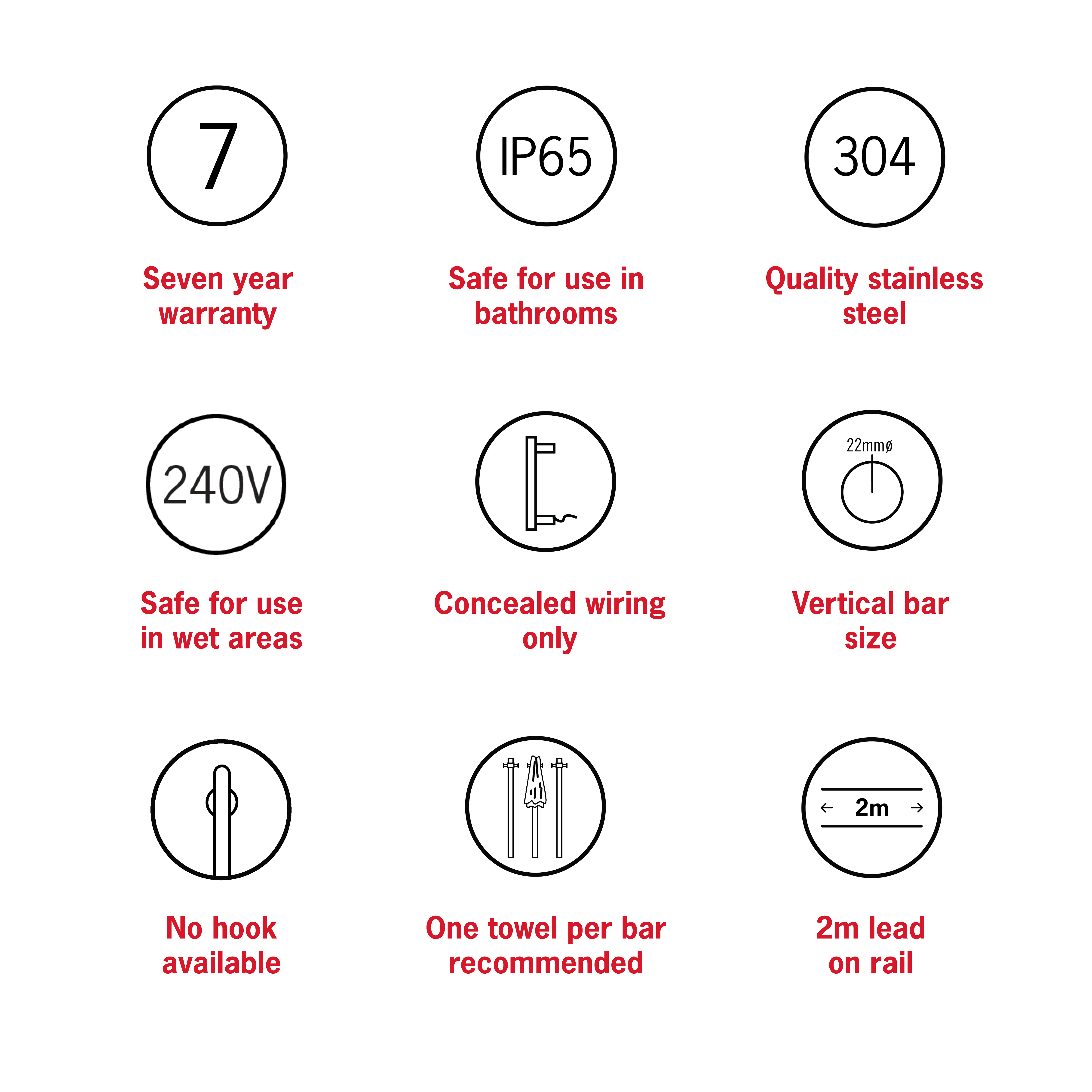 Thermorail Thin/Round 240Volt Vertical Bar 900x45x80mm 15Watt - Brushed Nickel