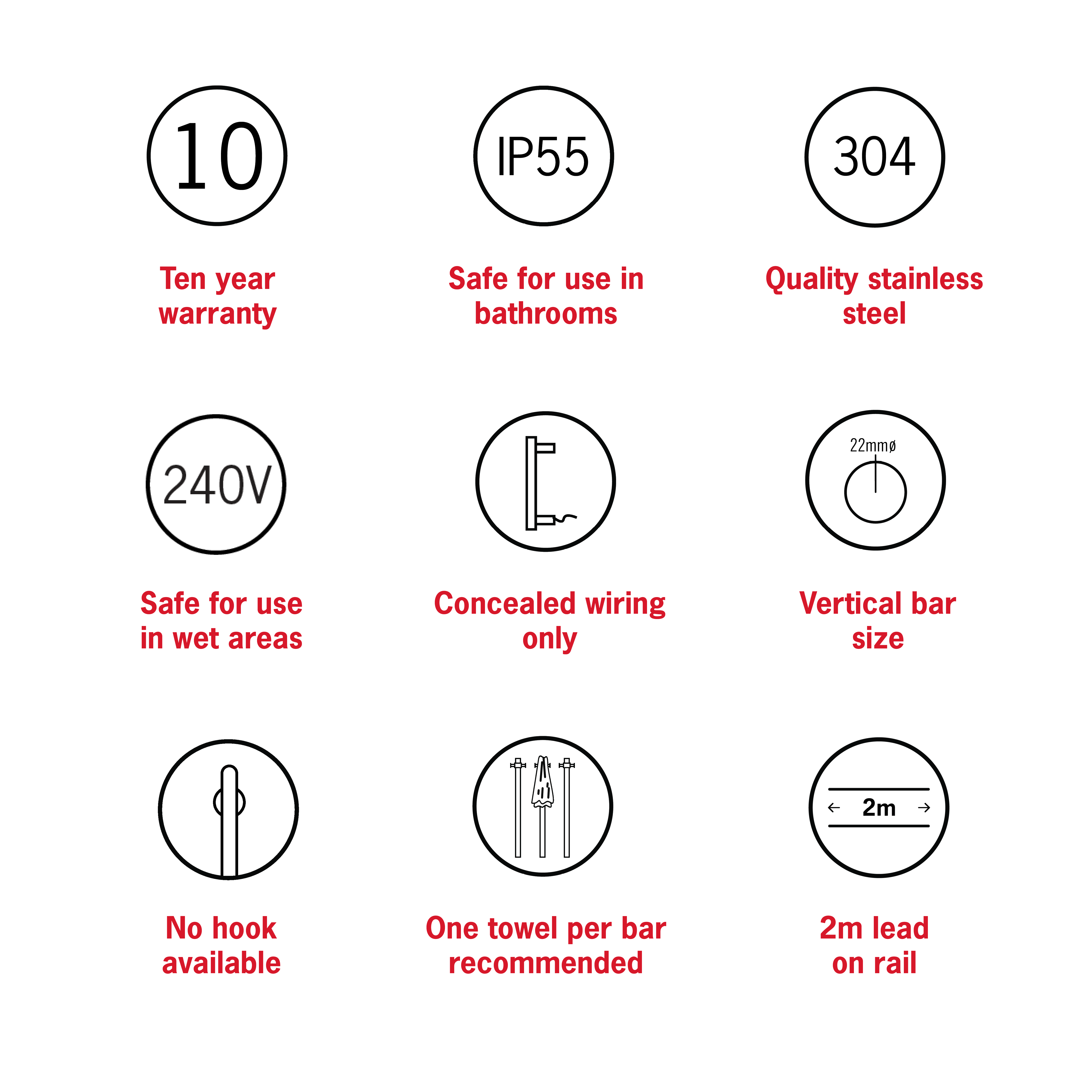Thermorail Thin/Round 240Volt Vertical Bar 900x45x80mm 15Watt