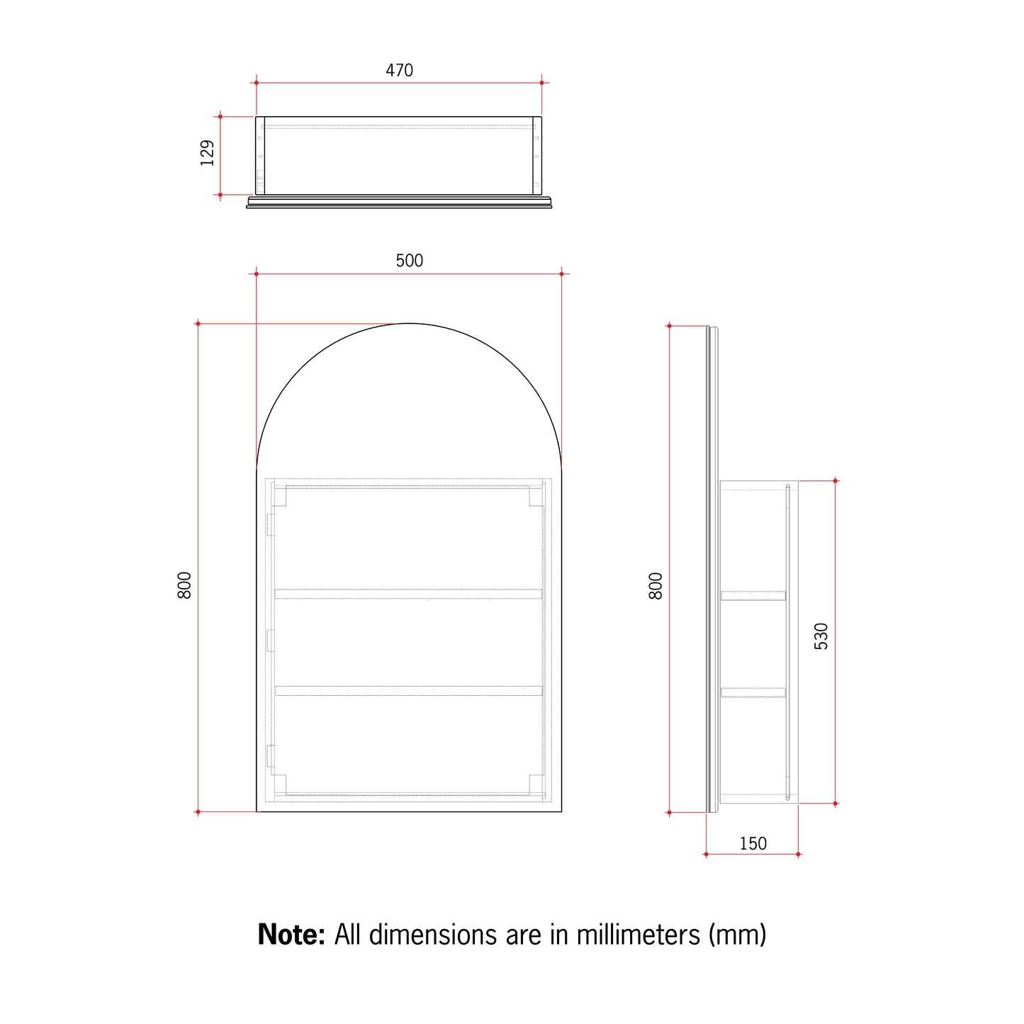 Vienna Arch Black Mirror Cabinet - 500x800x150mm