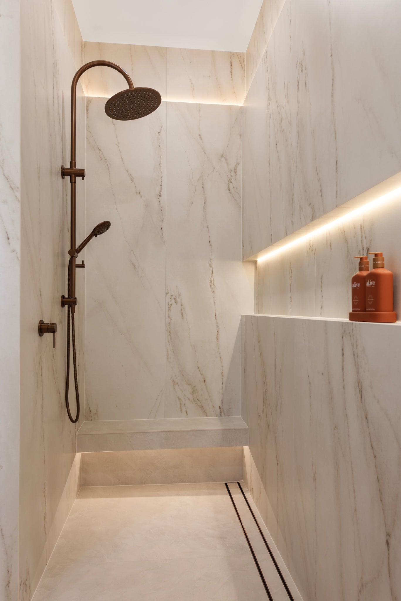 Round Gooseneck Shower Set with 300mm rose, Three-Function Hand Shower- Lustre Bronze