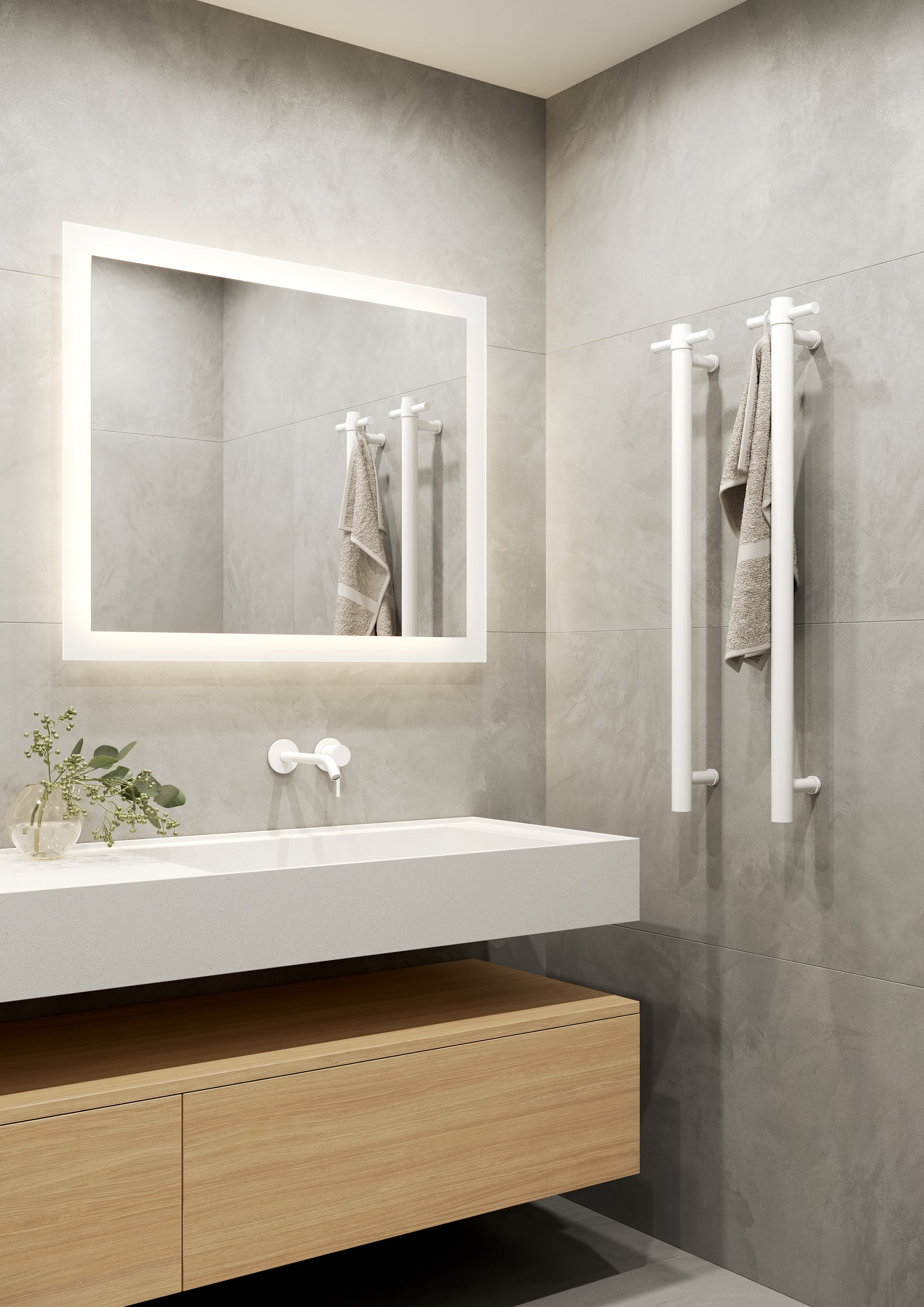 Thermorail Straight/Round 240Volt Vertical Bar 900x142x100mm 22Watts With Optional Hook - Matt White