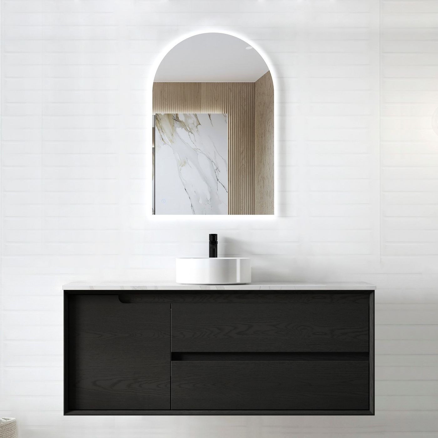 Byron 1200mm Black Oak Wall Hung Vanity with Ceramic Top