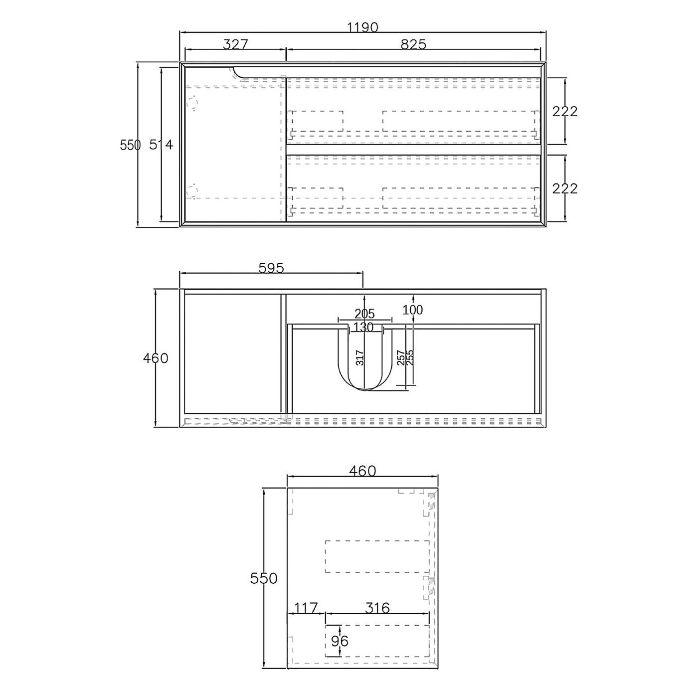 Byron 1200mm Black Oak Wall Hung Cabinet Only