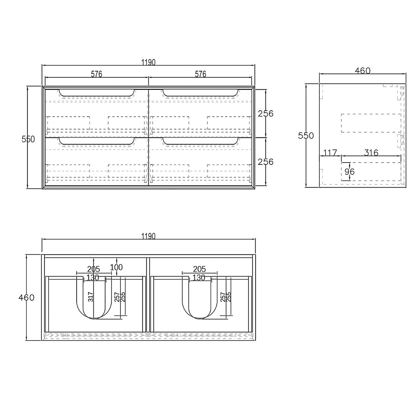 Byron 1200mm Black Oak Wall Hung Cabinet Only Double Bowl