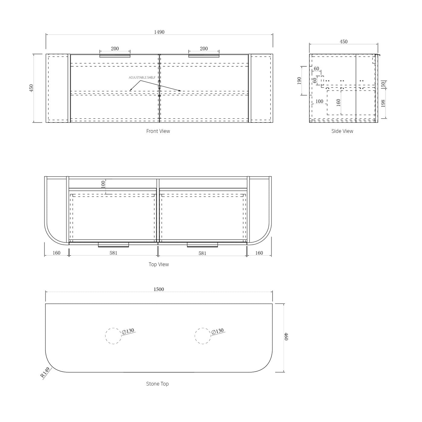 Bondi 1500mm Satin White Fluted Wall Hung Curve Cabinet