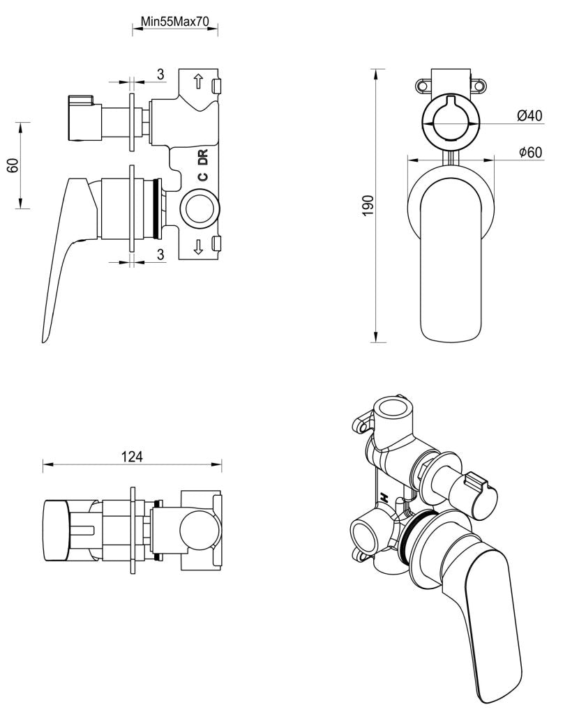 Kaza Shower Mixer Diverter - 2P - TRIM KIT ONLY