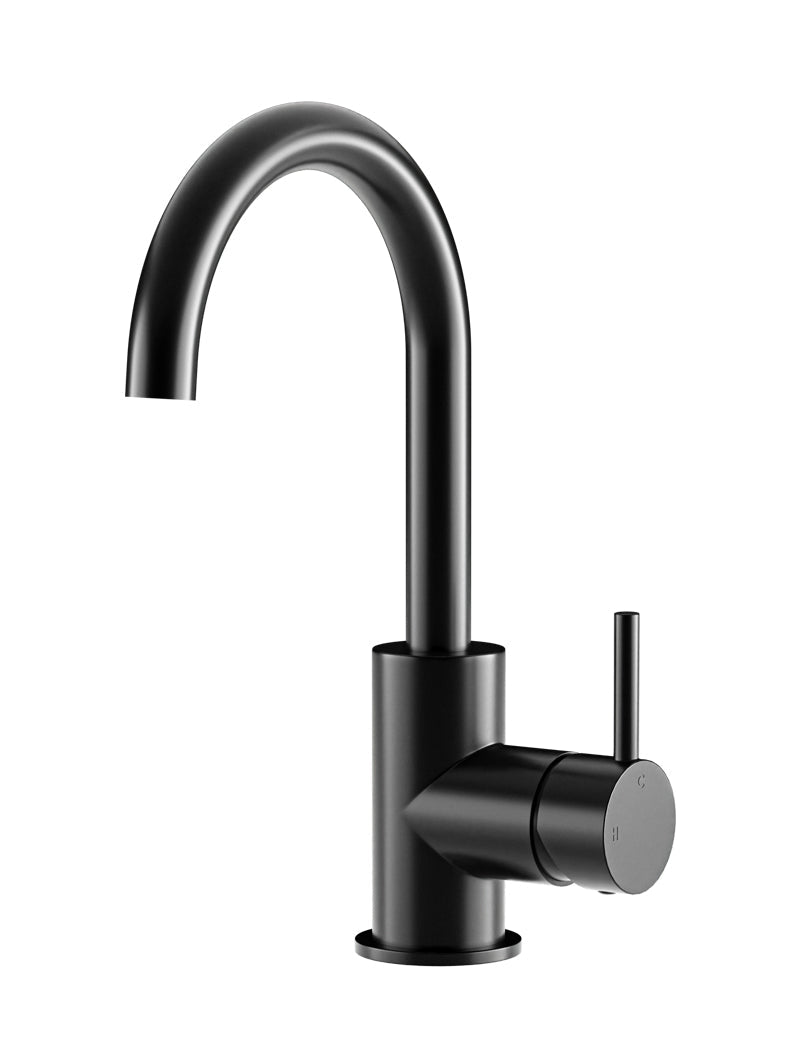 Round Gooseneck Basin Mixer with Cold Start - Matte Black