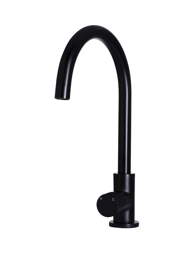 Round Gooseneck Kitchen Mixer Tap with Pinless Handle - Matte Black