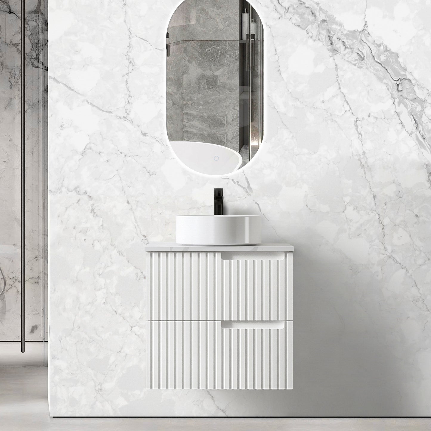 Noosa 600mm Satin White Wall Hung Vanity with Ceramic Top