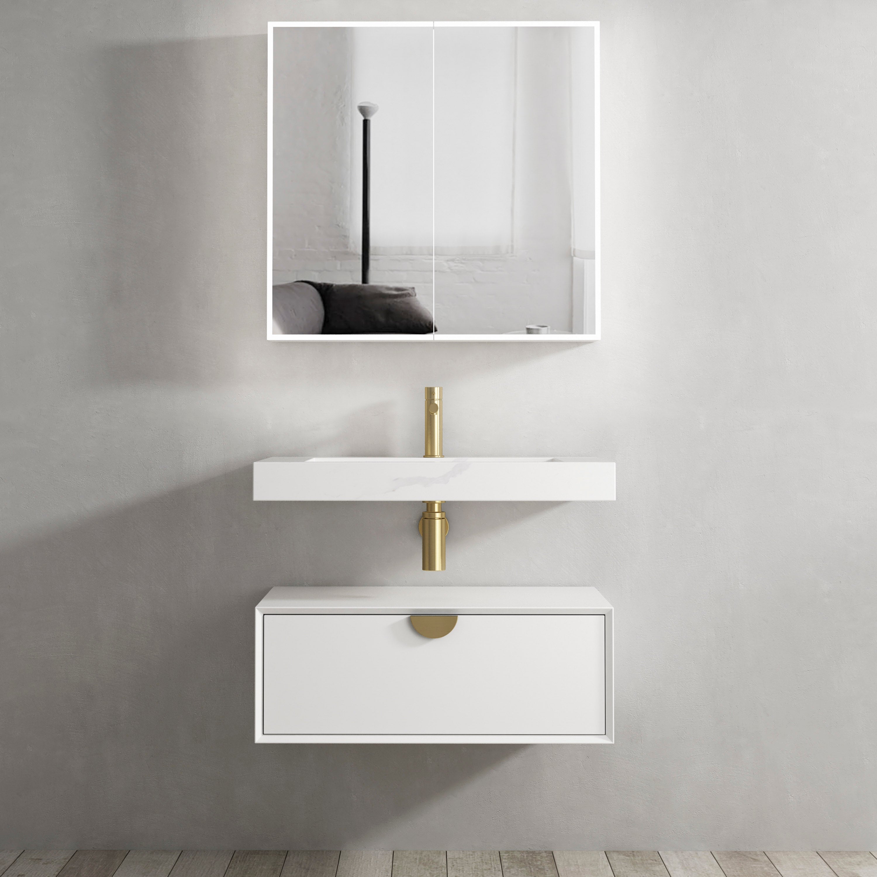 Moonlight Wall Hung Cabinet 700 White (Gold Handle)