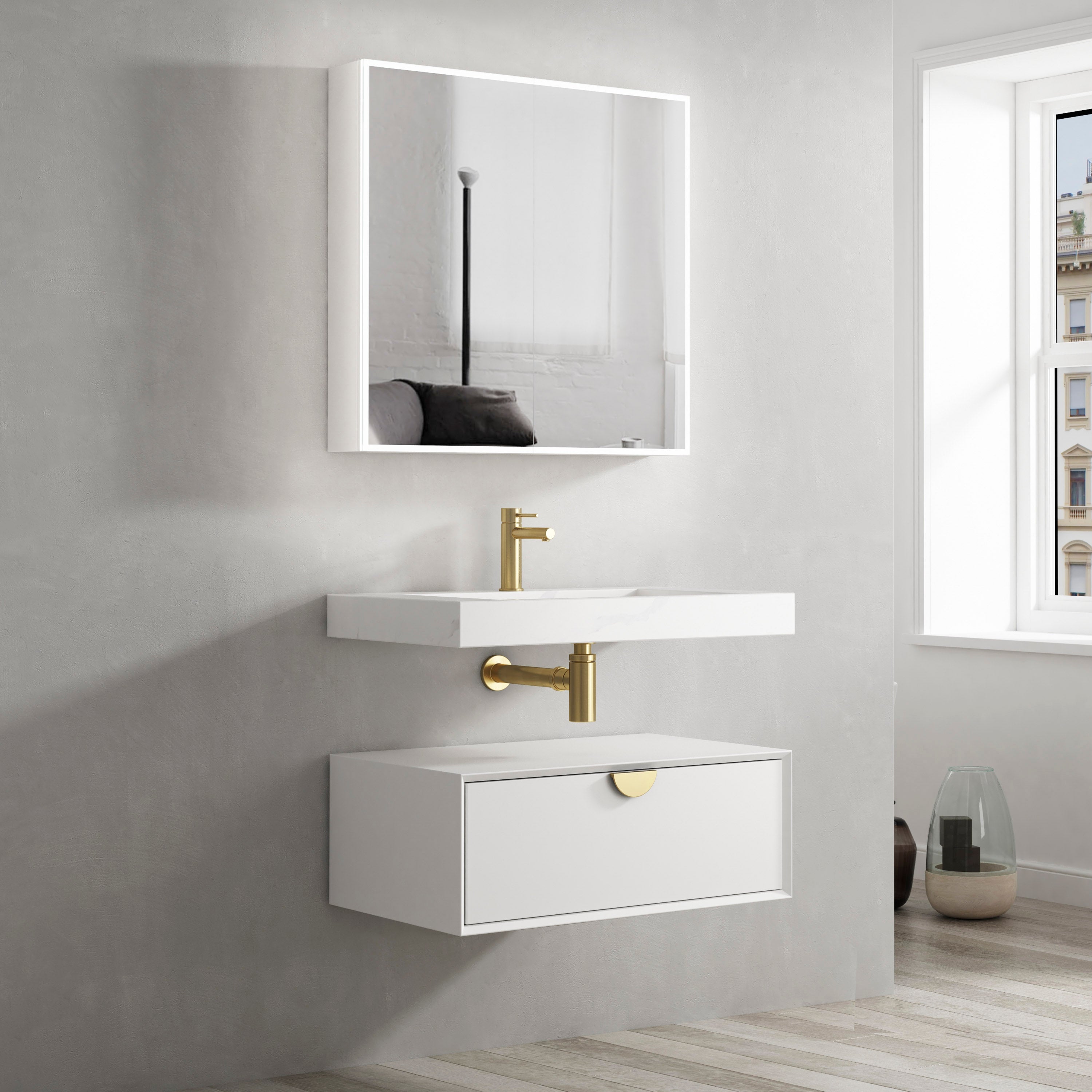 Moonlight Wall Hung Cabinet 700 White (Gold Handle)