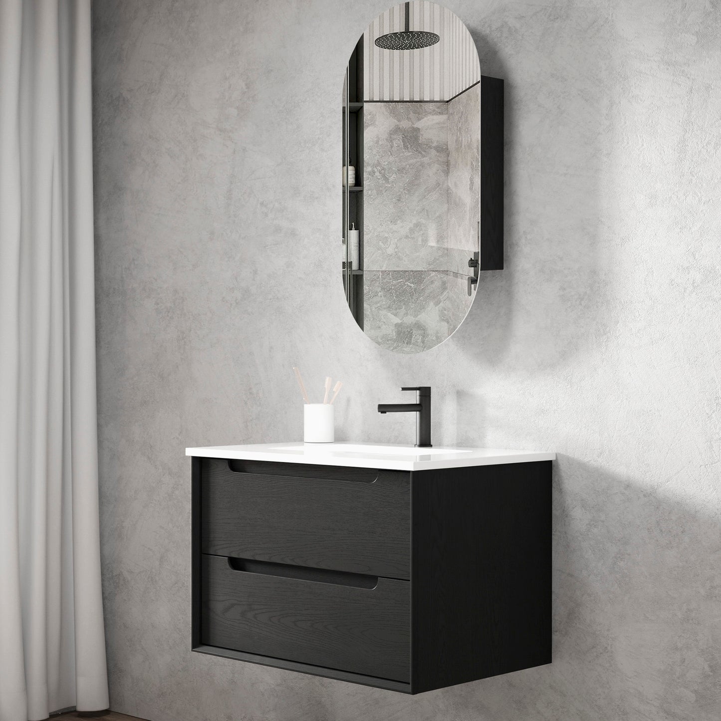 Byron 750mm Black Oak Wall Hung Vanity with Ceramic Top