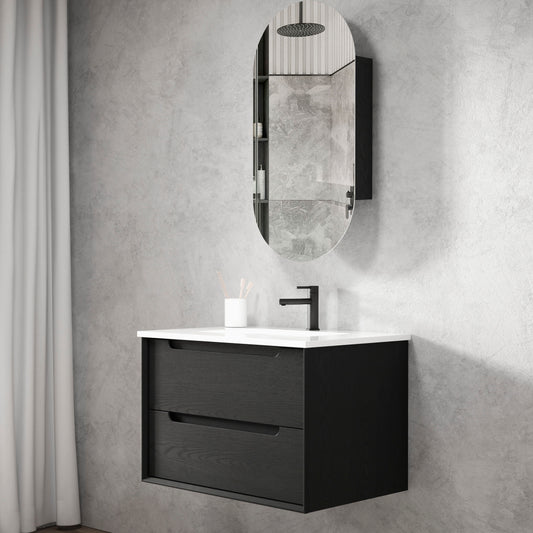 Byron 750mm Black Oak Wall Hung Vanity with Ceramic Top