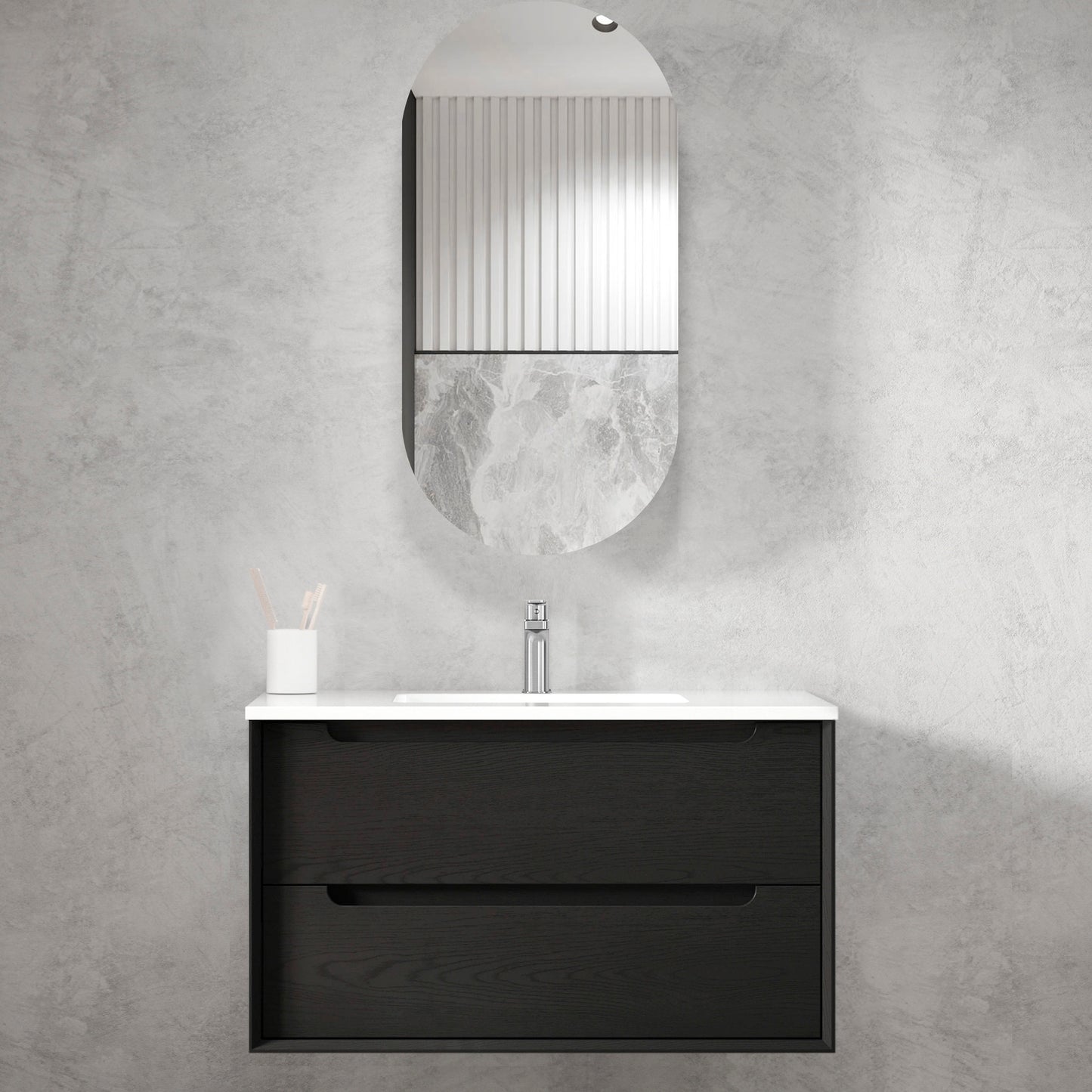 Byron 900mm Black Oak Wall Hung Vanity with Ceramic Top