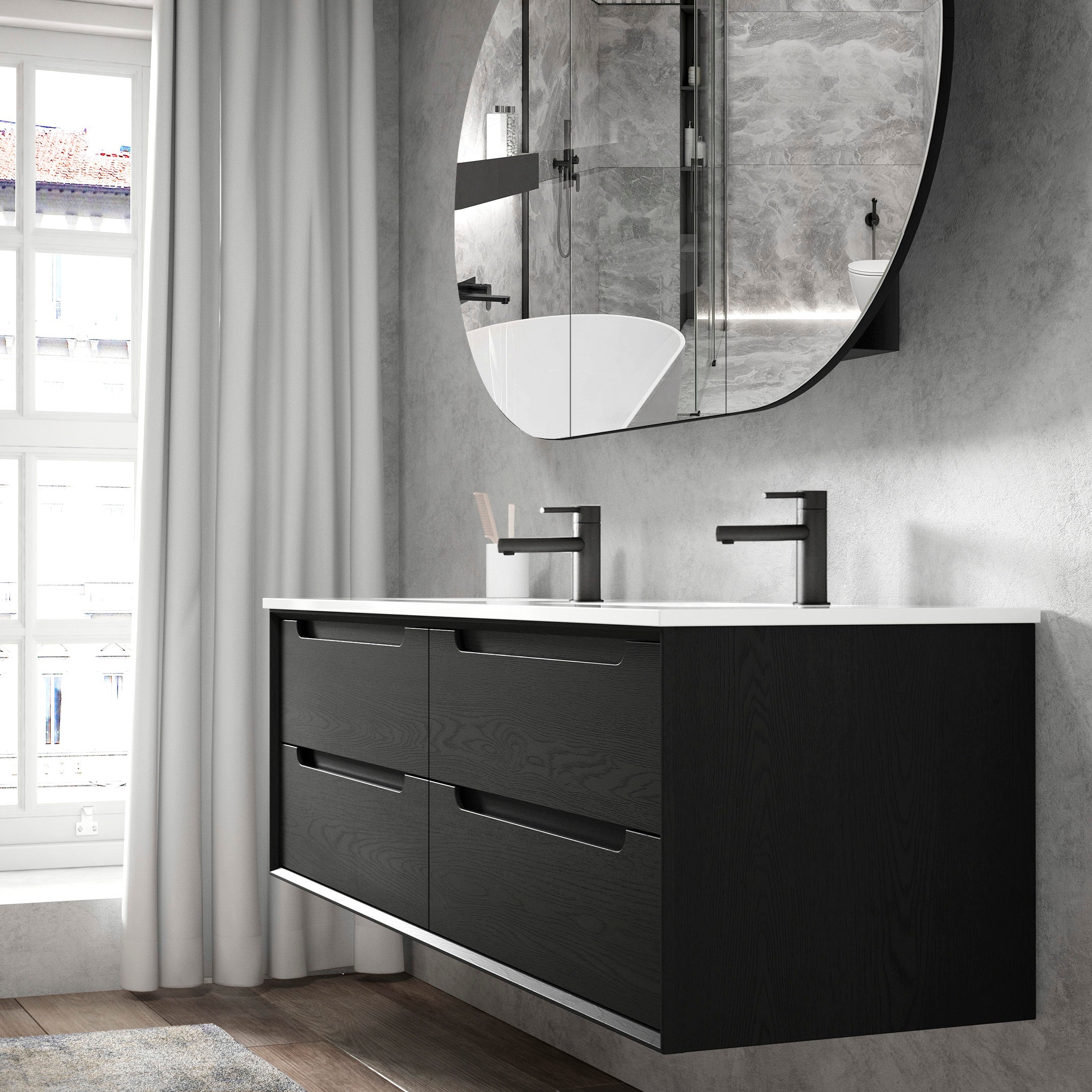 Byron 1200mm Black Oak Wall Hung Vanity with Ceramic Top Double Bowl