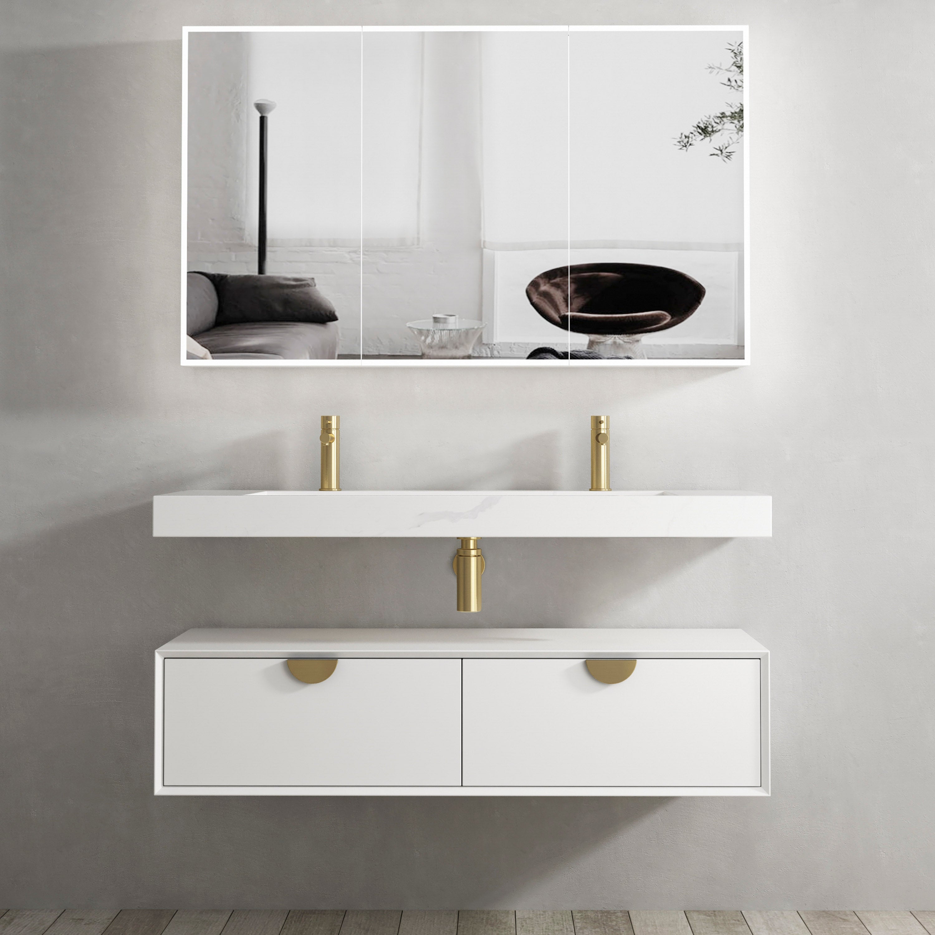Moonlight Wall Hung Cabinet 1200 White (Gold Handle)