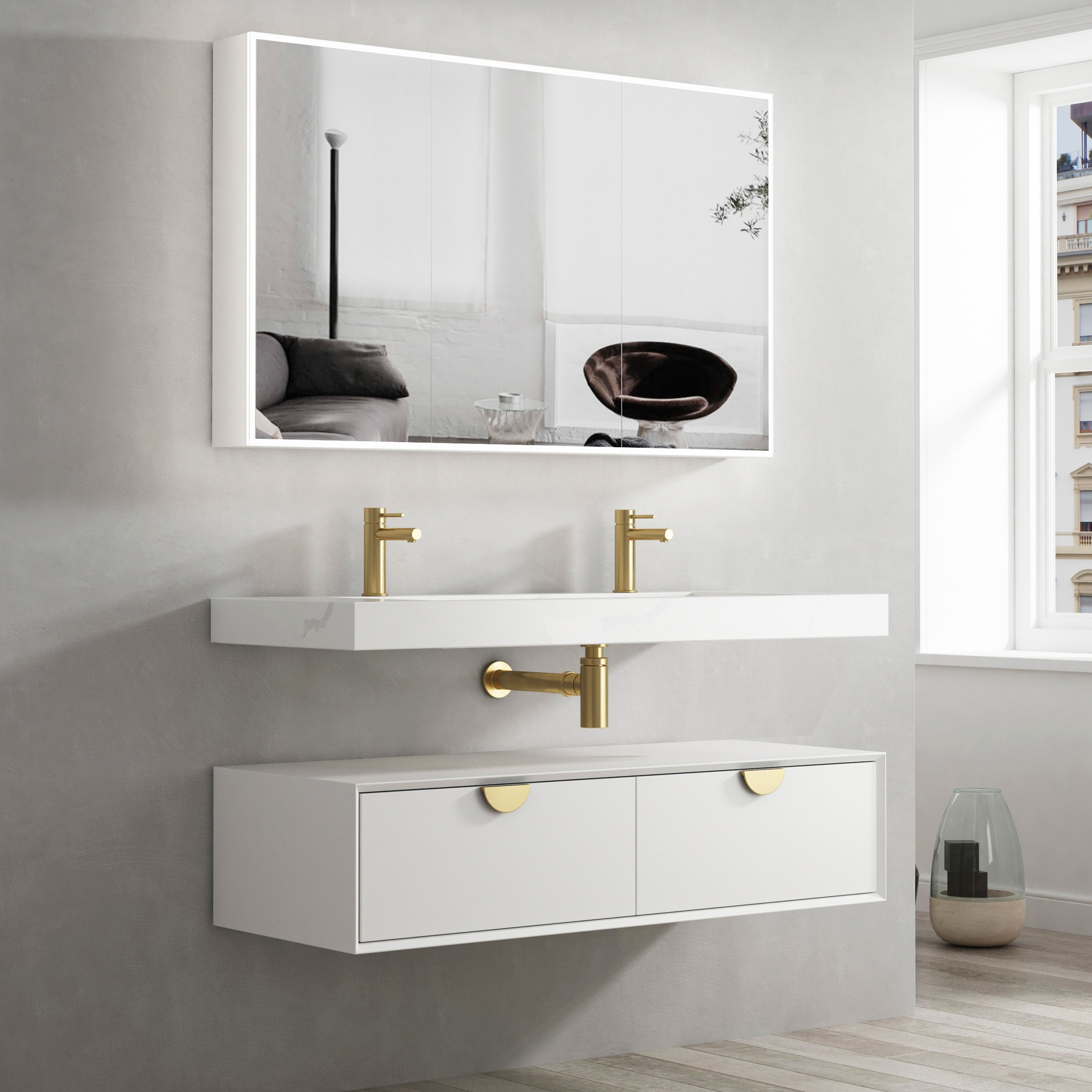 Moonlight Wall Hung Cabinet 1200 White (Gold Handle)