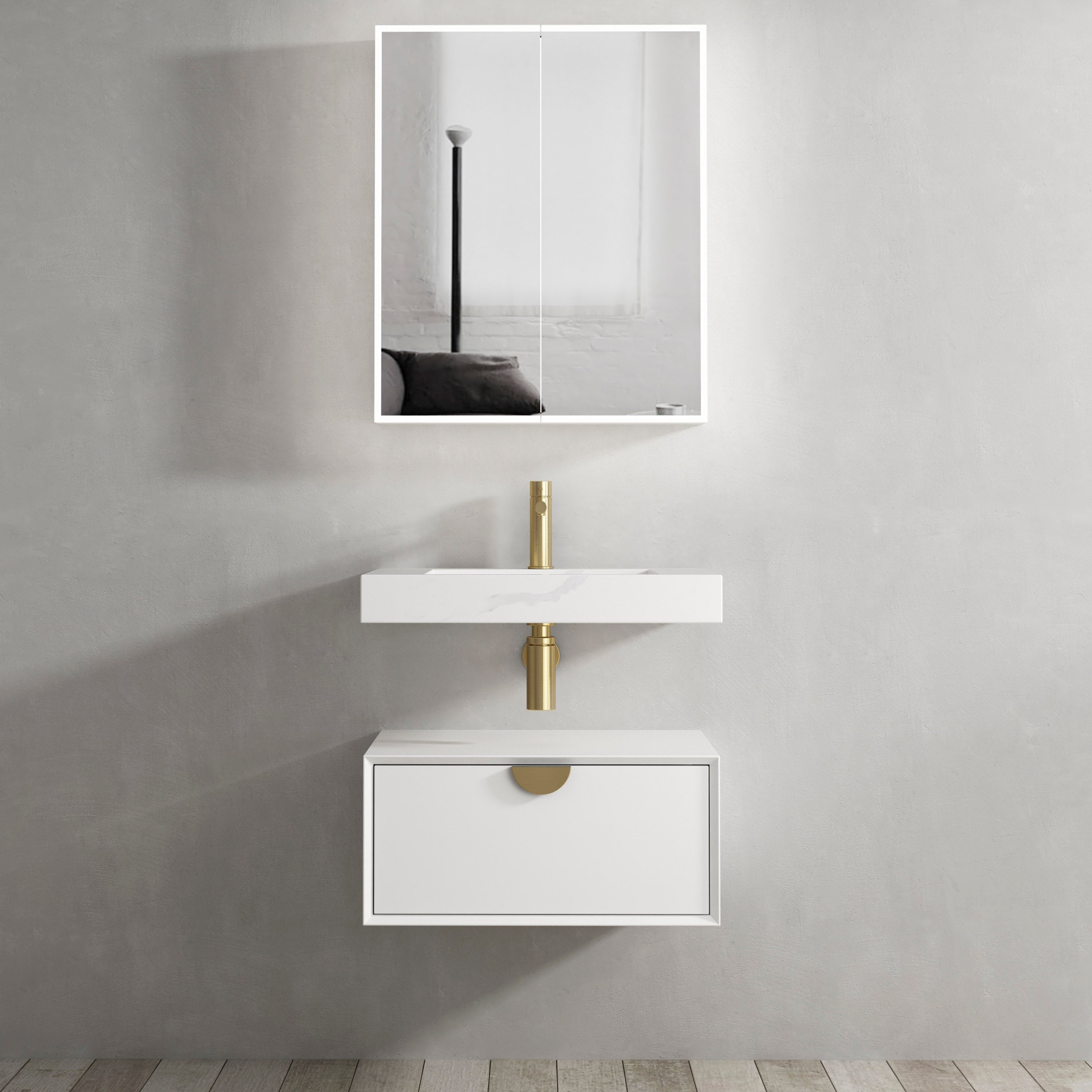 Moonlight Wall Hung Cabinet 600 White (Gold Handle)