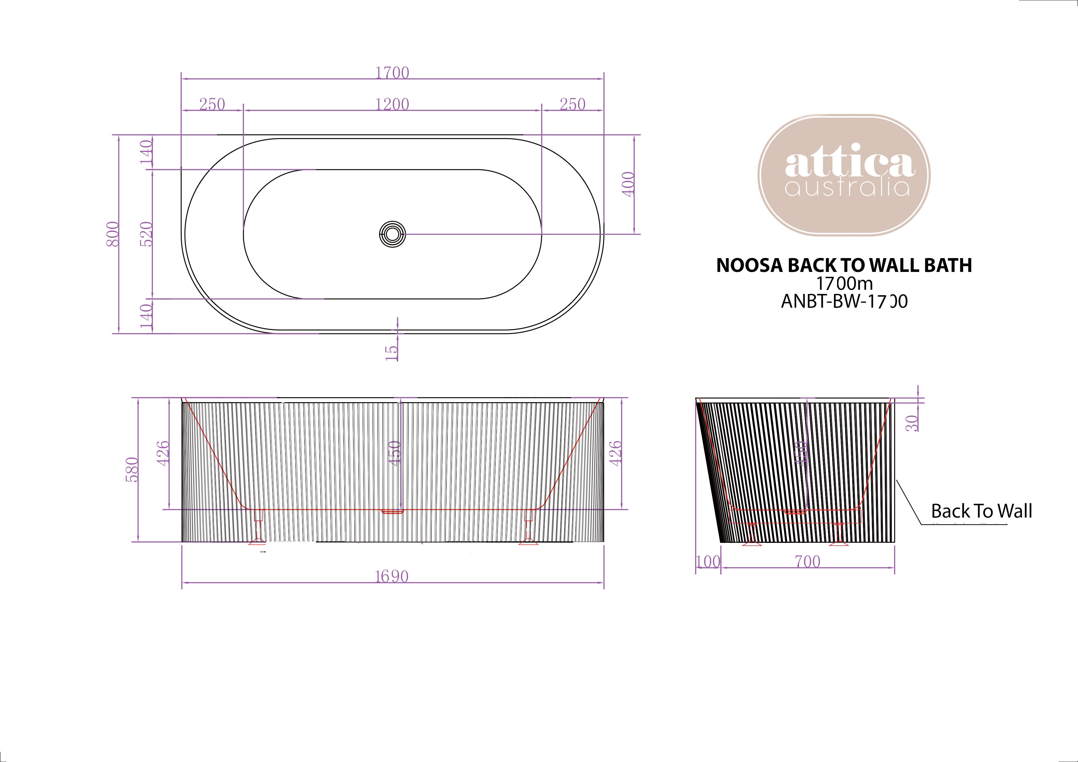 Attica Noosa 1700 Gloss White BTW Multi-fit Bath