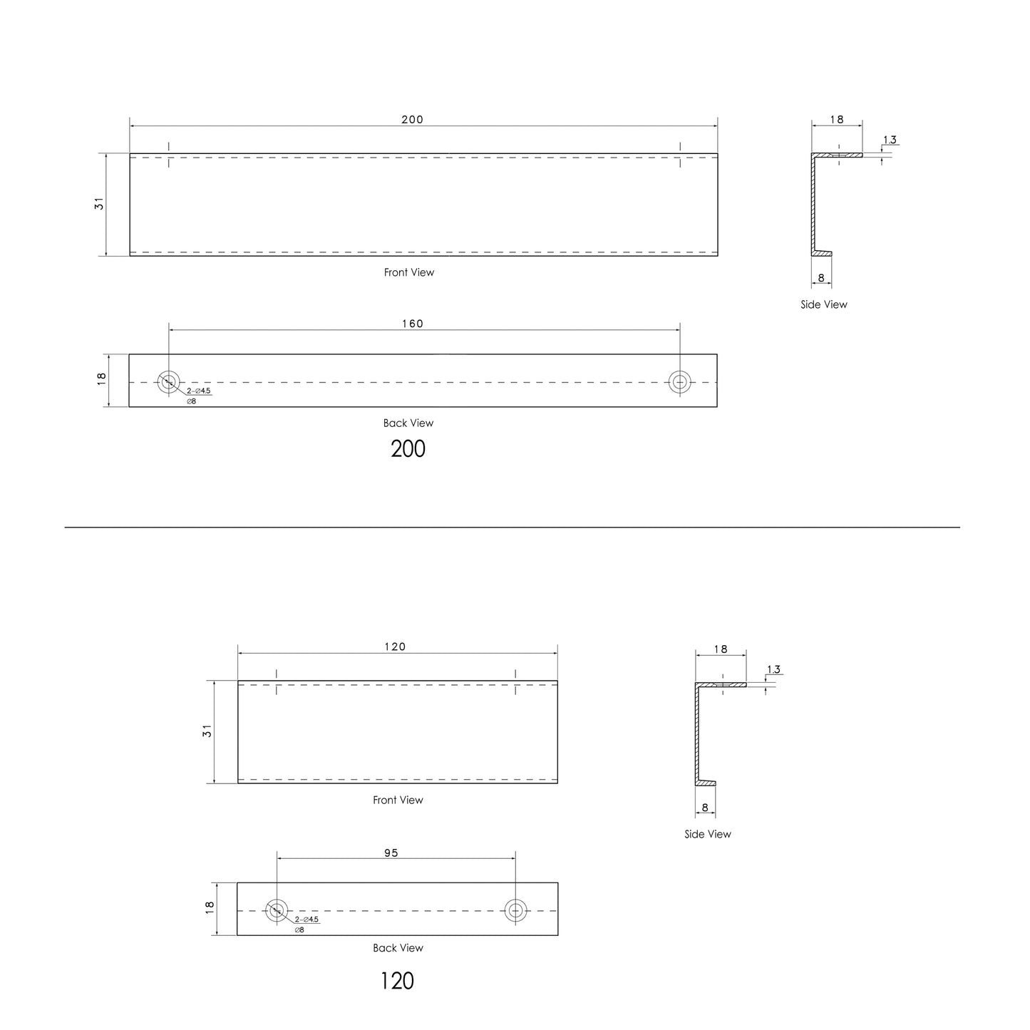 Bondi Handle Brushed Nickel 200mm For 750, 900, 1200, 1500, 1800 Cabinets