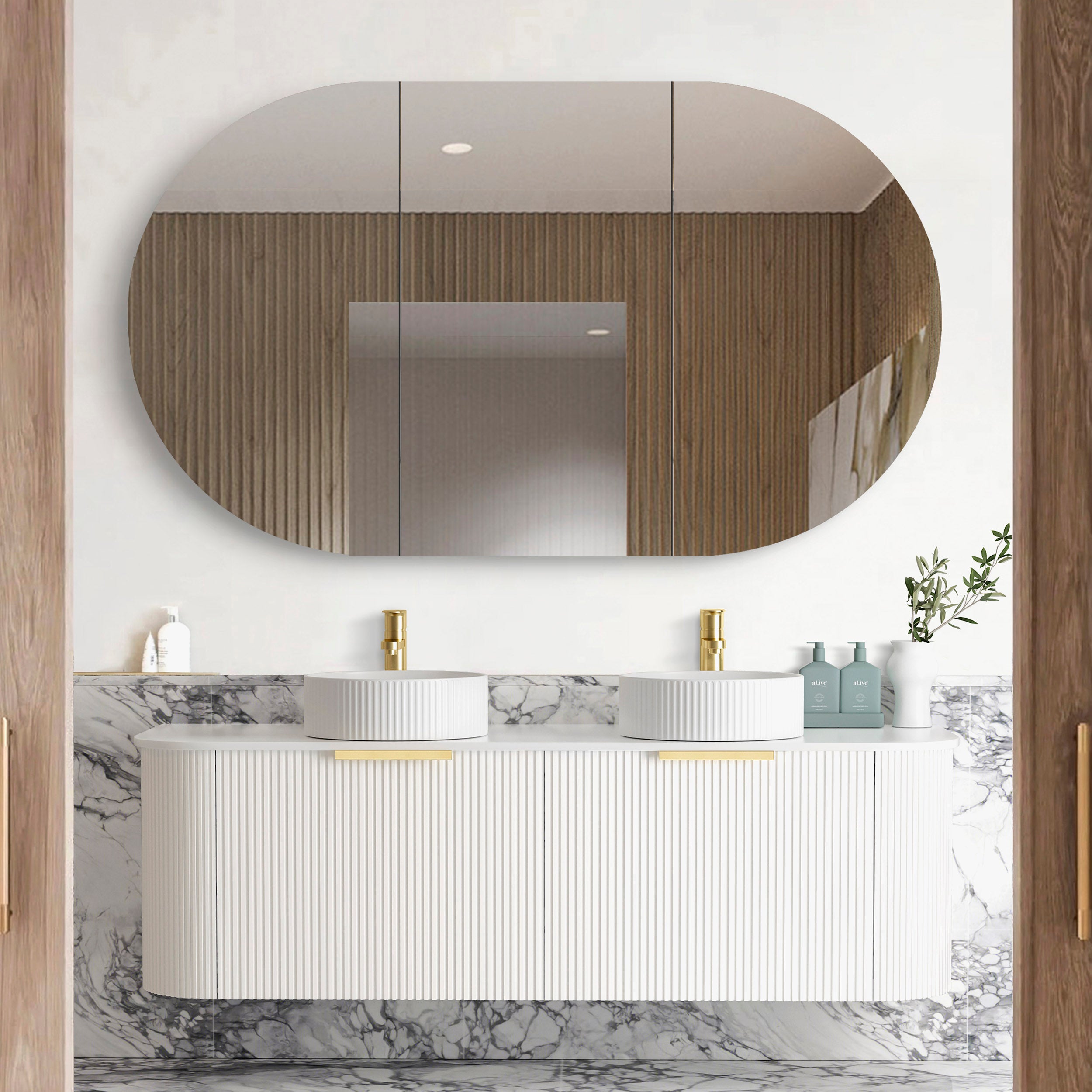 Bondi 1500mm Satin White Fluted Wall Hung Curve Cabinet